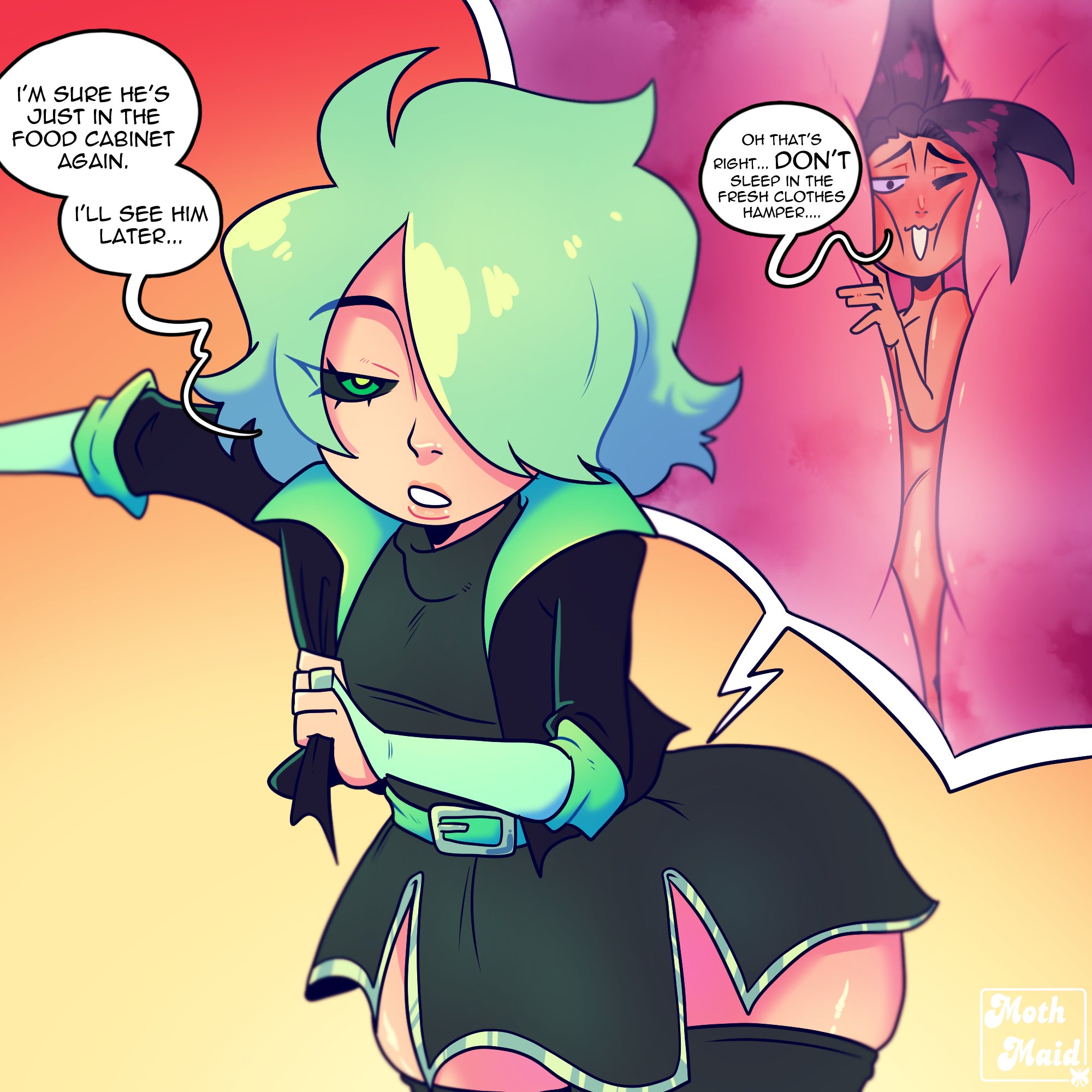 balls, femboy, giant, giant femboy, giant male, hopper (moth maid), larger femboy, macro, male, mint (moth maid), moth maid, oc, penis, tagme, text, tiny, trapped, trapped between cheeks, trapped in butt, trapped in clothing