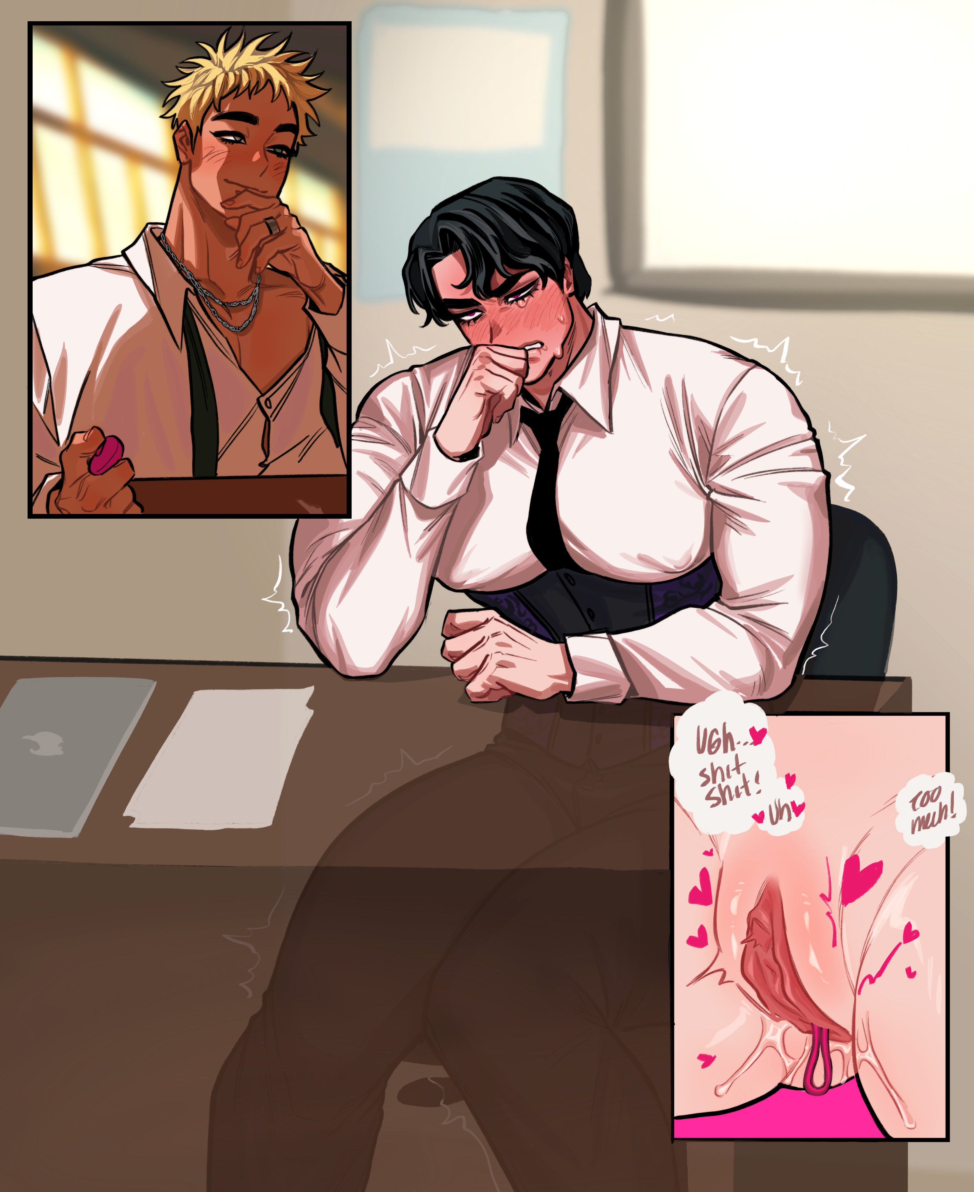 ///, 2025, 2boys, big pecs, big pectorals, black hair, black tie, blonde hair, blue eye, chain necklace, chair, collared shirt, corset, cuntboy, cuntboy focus, cuntboysub, dansul (chl0rine), desk, gay, hearts around pussy, heterochromia, internal monologue, laptop, light skin, light-skinned cuntboy, light-skinned male, male, male only, matias (chl0rine), monologue, necklace, nonsenseatnight, office chair, pants, pecs, pectoral bulge, pectorals, pink eyes, professional clothes, pussy, pussy focus, pussy juice, pussy juice drip, pussy lips, remote control vibrator, remote controlled vibrator, ring, ring (jewelry), ring on finger, sitting, sitting down, sitting on chair, submissive, submissive cuntboy, submissive male, teacher, teacher and student, teacher sub, tie, transman, trying not to cum, trying not to moan, vibrator, vibrator in pussy, vibrator under clothes, white collared shirt, white shirt, yaoi