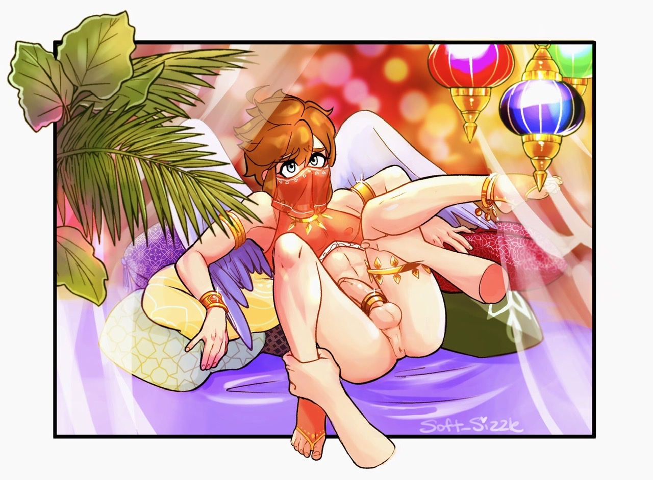 1boy, ambiguous gender, anus, belly dancer outfit, bottomless, cock ring, crossdressing, disembodied hands, feet, femboy, gerudo top, gerudo veil, harem outfit, kid icarus, legs held open, male, male only, penis, pit (kid icarus), soft sizzle, thigh ring, trap