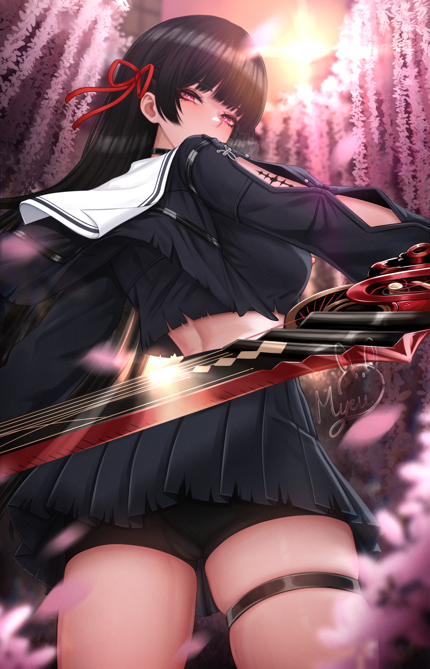 absurdres, ass, black bra, black hair, black panties, blurry, blurry background, bra, breasts, chisa (wuthering waves), commentary, cowboy shot, depth of field, english commentary, female, from behind, hair ribbon, highres, holding, holding sword, holding weapon, long hair, looking at viewer, looking back, median furrow, medium breasts, mole, mole under eye, myeu, paid reward available, panties, pink eyes, red ribbon, ribbon, shoulder blades, signature, solo, sword, tacet mark (wuthering waves), thigh strap, thighs, underwear, underwear only, weapon, wuthering waves