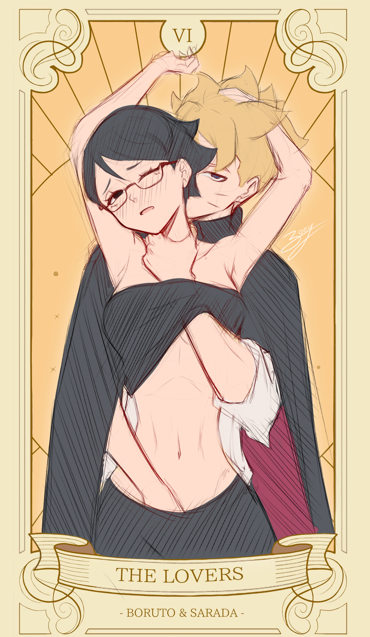 1boy, 1girls, boruto: two blue vortex, clothed, from behind, height difference, hetero, imminent sex, male/female, masturbating other, masturbation, masturbation through clothing, messy hair, moaning, moaning in pleasure, naruto, naruto (series), sarada uchiha, straight, tarot card, teasing, teenager, uzumaki boruto, whiskers, young