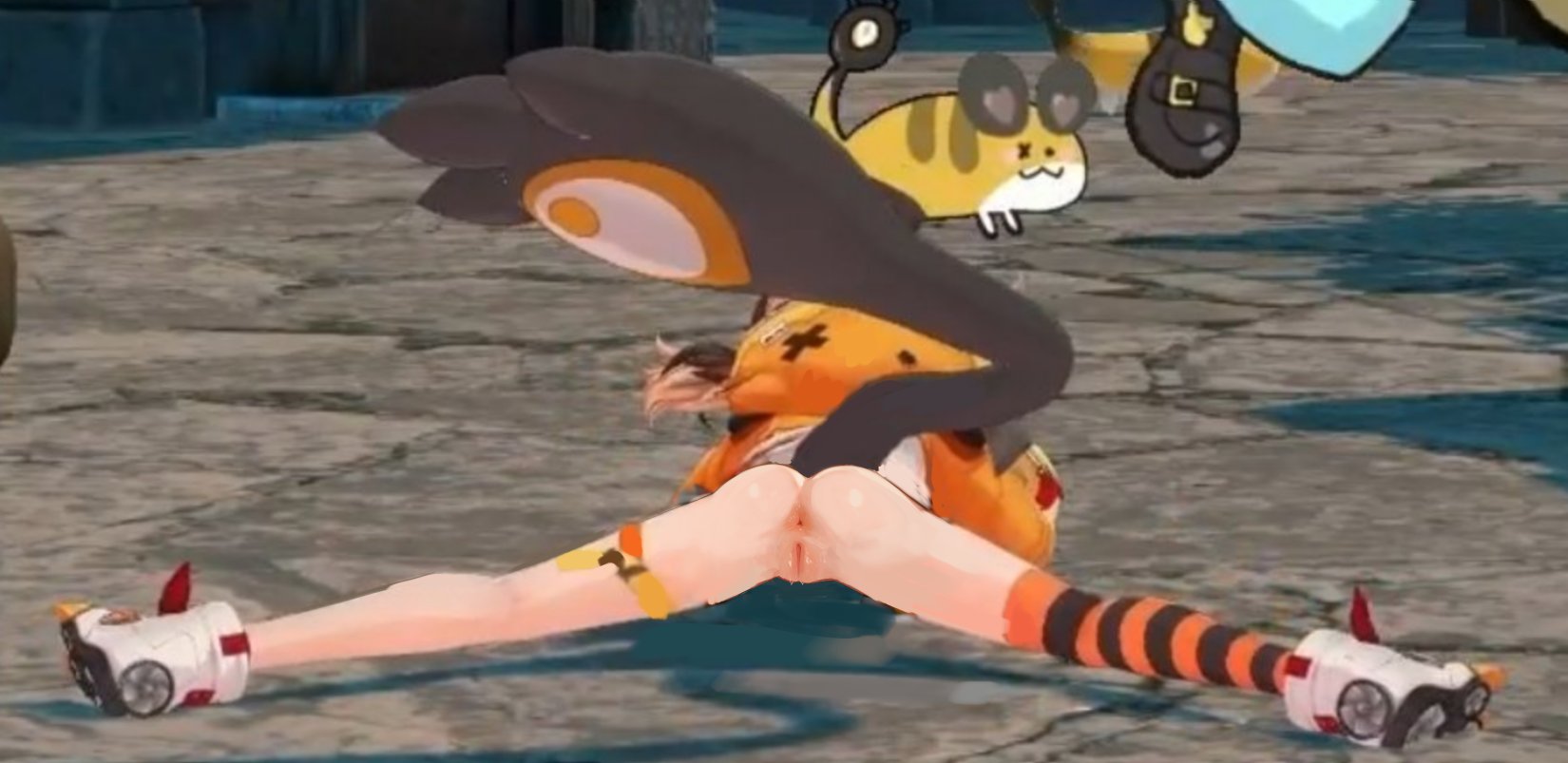 anus, ass, bottomless, edit, flexible, gigi murin, grem (gigi murin), hololive, hololive english, hololive english -justice-, hoodie, orange hoodie, pussy, sadayoru, shoes, spread legs, tail, uncensored, vagina, virtual youtuber