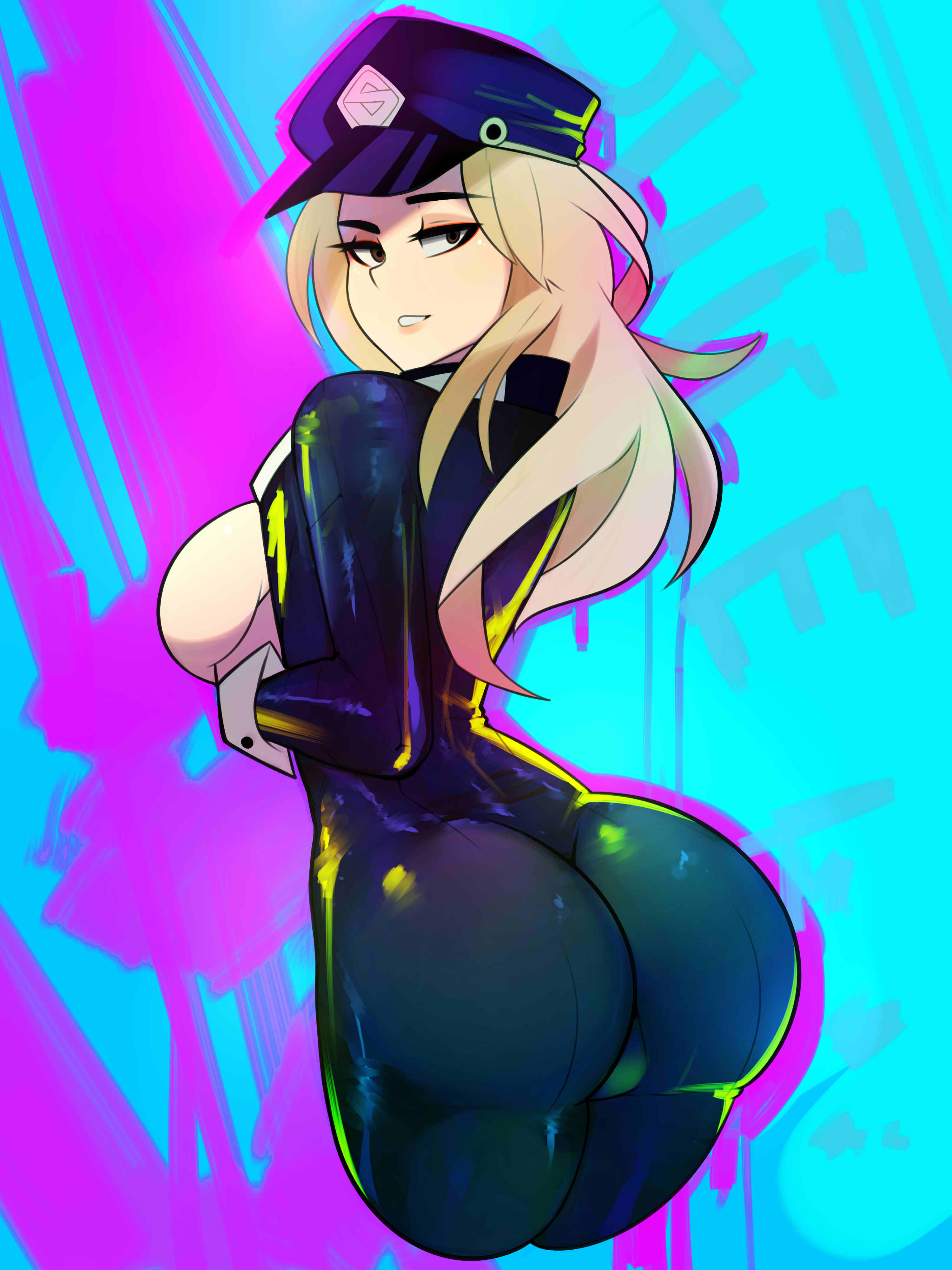 1girls, ass, back view, big ass, big breasts, blonde hair, blonde-haired female, bodysuit, breasts, breasts out, brown eyes, camie utsushimi, female, female only, hat, hero outfit (mha), long hair, looking at viewer, looking back, my hero academia, postblue98, shiketsu high school cap, sideboob, simple background, skin tight, smile, solo, solo female, tight clothes, tight clothing, wrist cuffs