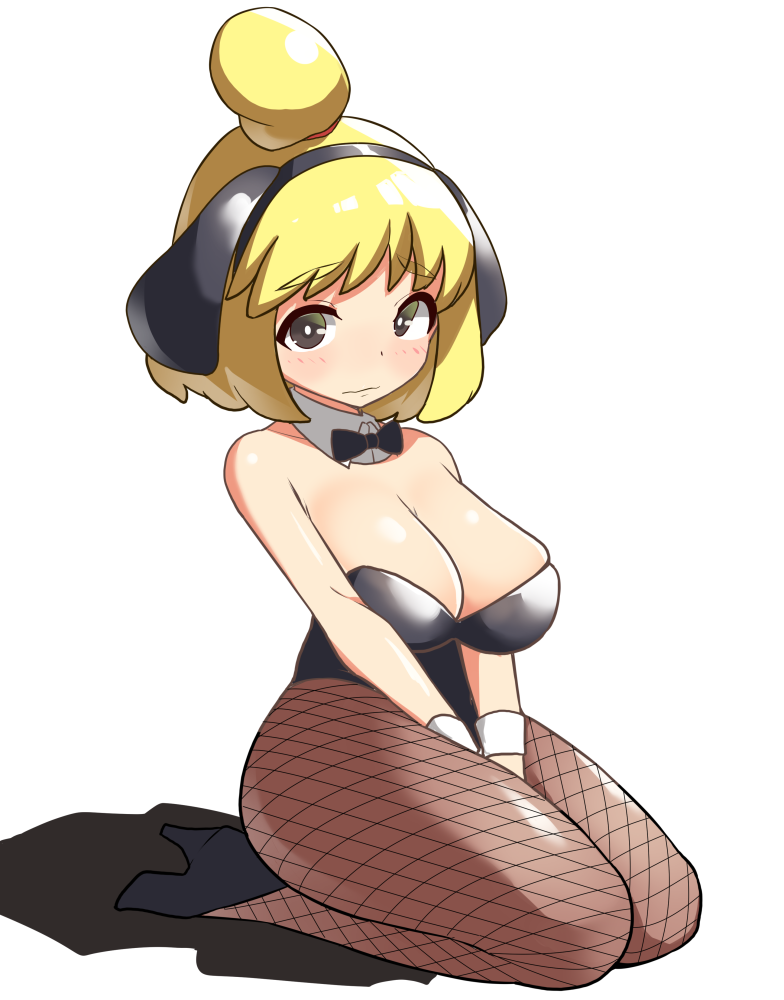 1girls 2020 animal_crossing bare_arms bare_shoulders blonde_hair bow breasts bunnysuit cleavage clothed clothing dog_ears eyebrows_visible_through_hair fake_animal_ears female female_only fishnet_pantyhose fishnets green_eyes hair_bun high_heels highres humanized isabelle_(animal_crossing) large_breasts leotard looking_away mituyota_76 neckerchief nintendo pantyhose ribbon shadow short_hair simple_background sitting solo thick_thighs thighs tied_hair v_arms white_background wrist_cuffs