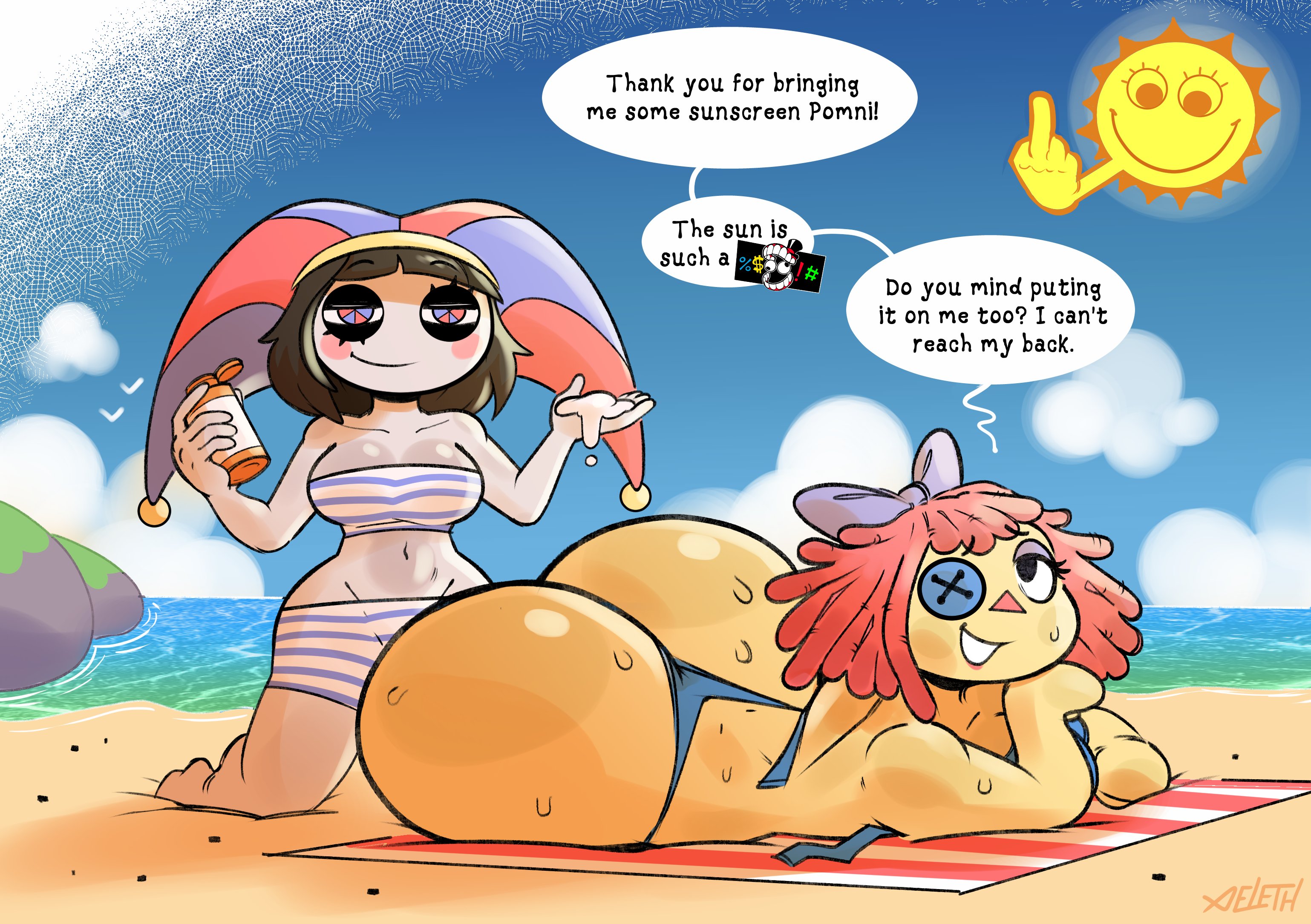 2girls, bandeau, bandeau bikini, big ass, big butt, bikini, black hair, bubble ass, bubble butt, clown, clown girl, glitch productions, huge ass, huge butt, massive ass, massive butt, pomni (beach outfit), pomni (the amazing digital circus), ragatha (beach outfit), ragatha (the amazing digital circus), red hair, sun (the amazing digital circus), the amazing digital circus, wide hips, xeleth, yuri