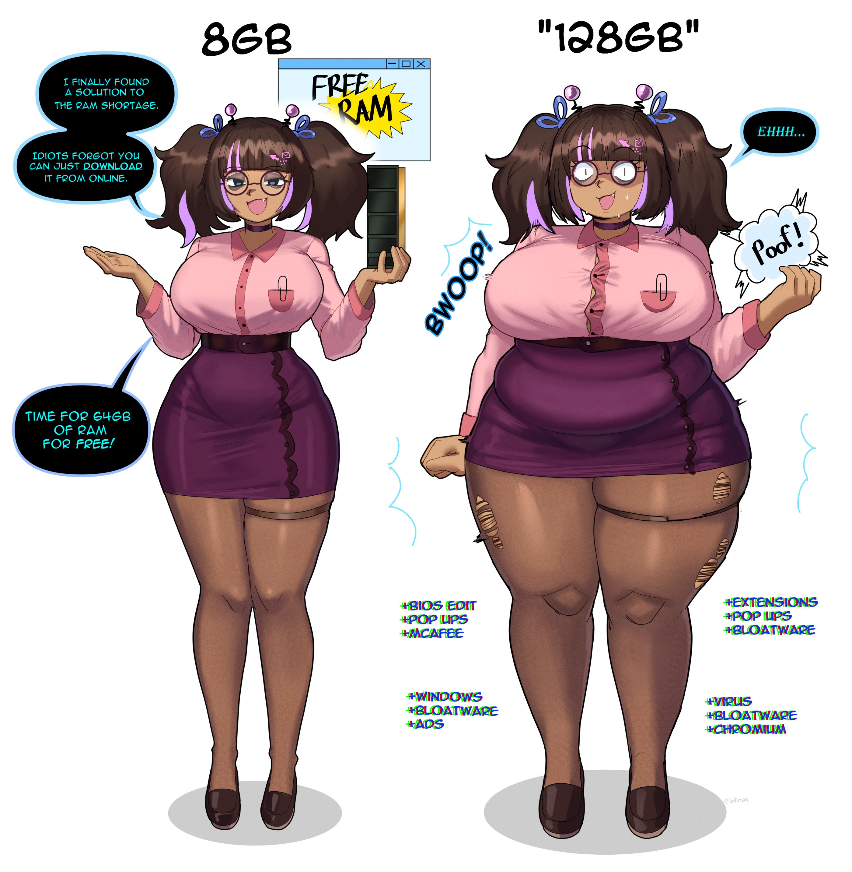 1girls, before and after, blunt bangs, chubby, chubby female, color, dark-skinned female, dialogue, english text, female, female focus, female only, full body, fupa, glasses, huge breasts, medium hair, nyra (tallinax), open mouth, original, pantyhose, pencil skirt, pink shirt, simple background, smile, standing, surprised, tallinax, text, thick thighs, torn clothes, twintails, twitter link, weight gain, white background, wide hips