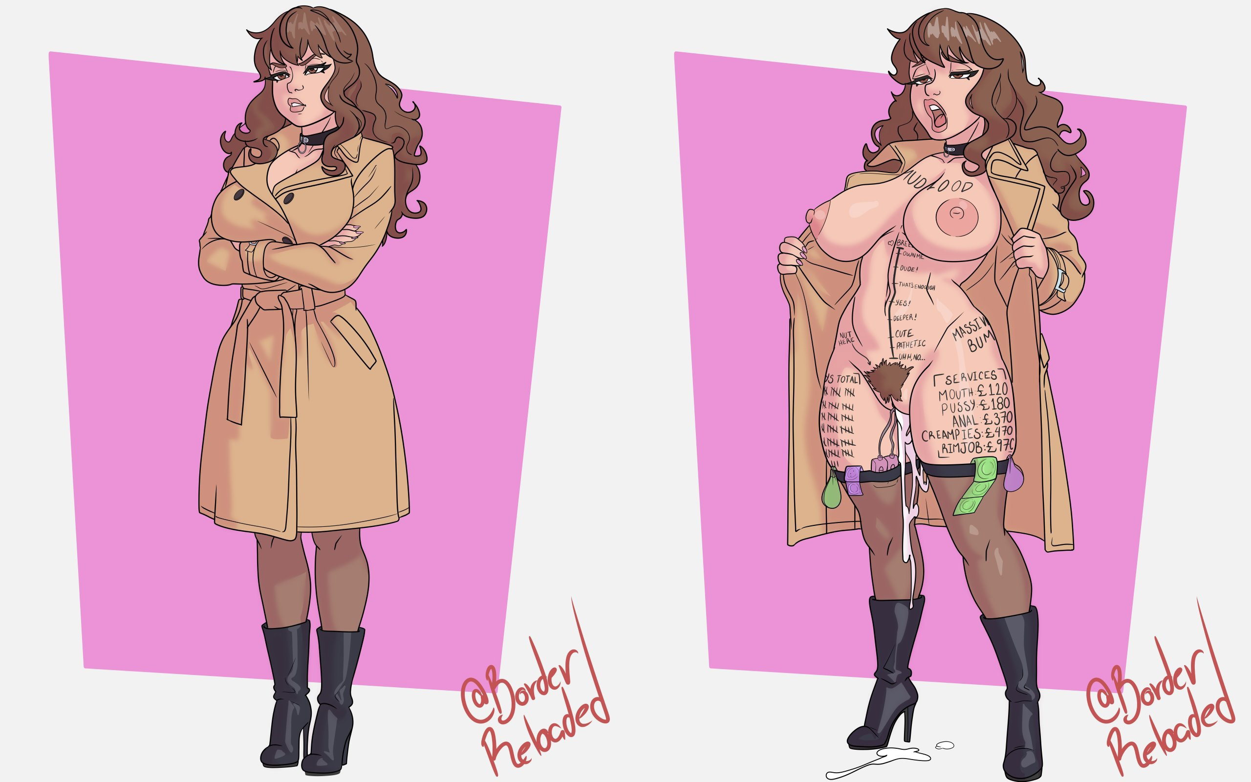 1girls, 2d, areolae, body writing, boots, borderreloaded, breasts, brown hair, busty, coat, coat only, exhibitionism, female, female only, fictional slur, flashing, fuck me boots, full body, hairy pussy, harry potter, hermione granger, high heel boots, high heels, hourglass figure, human, large breasts, light skin, light-skinned female, mudblood, nipples, pinup, pinup pose, prostitute, prostitution, pubic hair, shoes, solo, standing, unshaved pussy, vibrator, wide hips