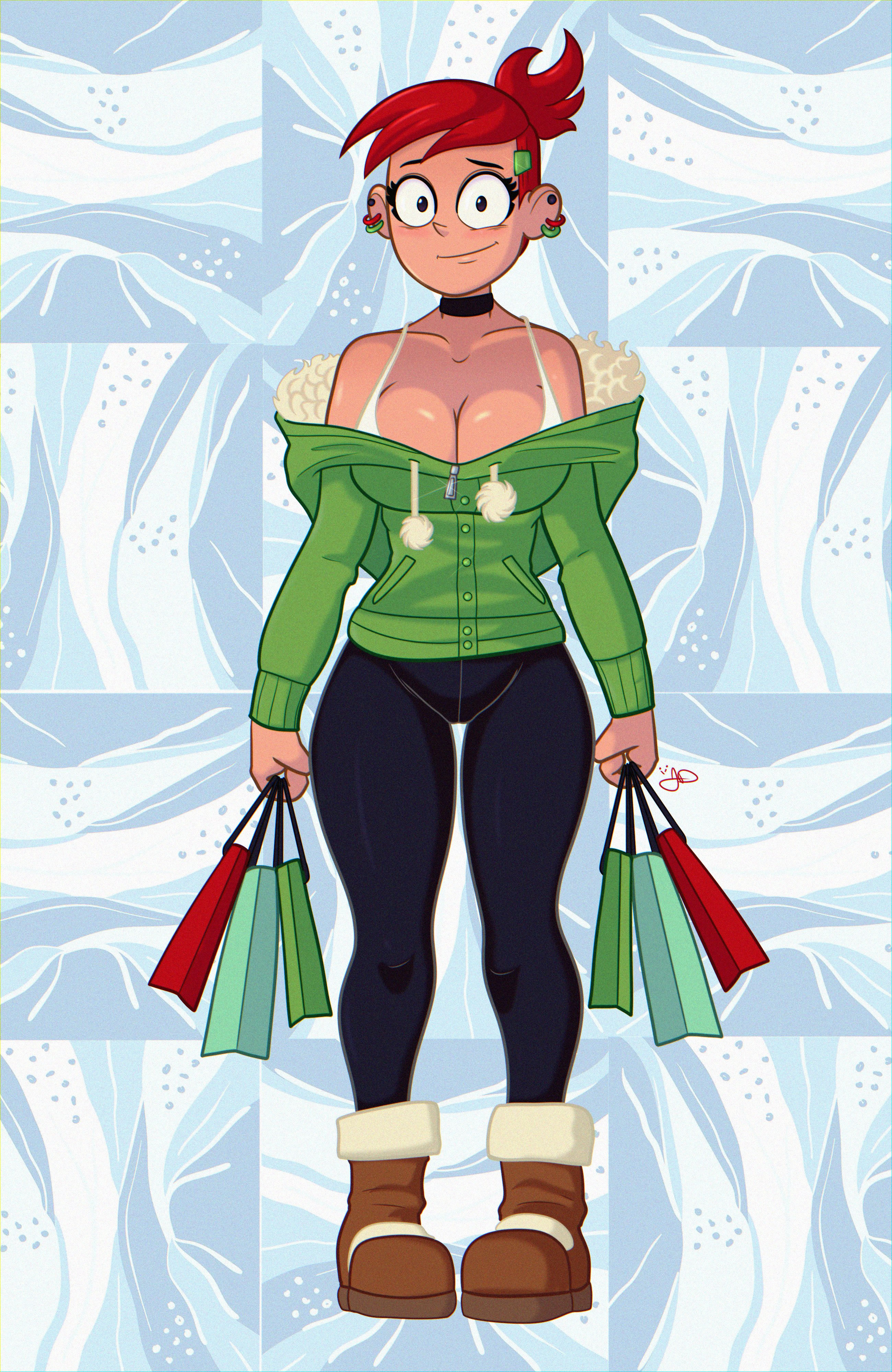 2d, bare shoulders, boots, busty, chest, choker, christmas, christmas outfit, cleavage, clothed, ear clamps, ear piercing, female, female focus, female only, foster's home for imaginary friends, frankie foster, hourglass figure, jacket, jumpdriiver, leggings, light-skinned female, looking at viewer, pinup, pinup pose, pircing, red hair, red hair female, red-haired female, redhead female, slim waist, smile, smiling, smiling at viewer, tagme, thigh gap, thighs, tight pants, wide hips