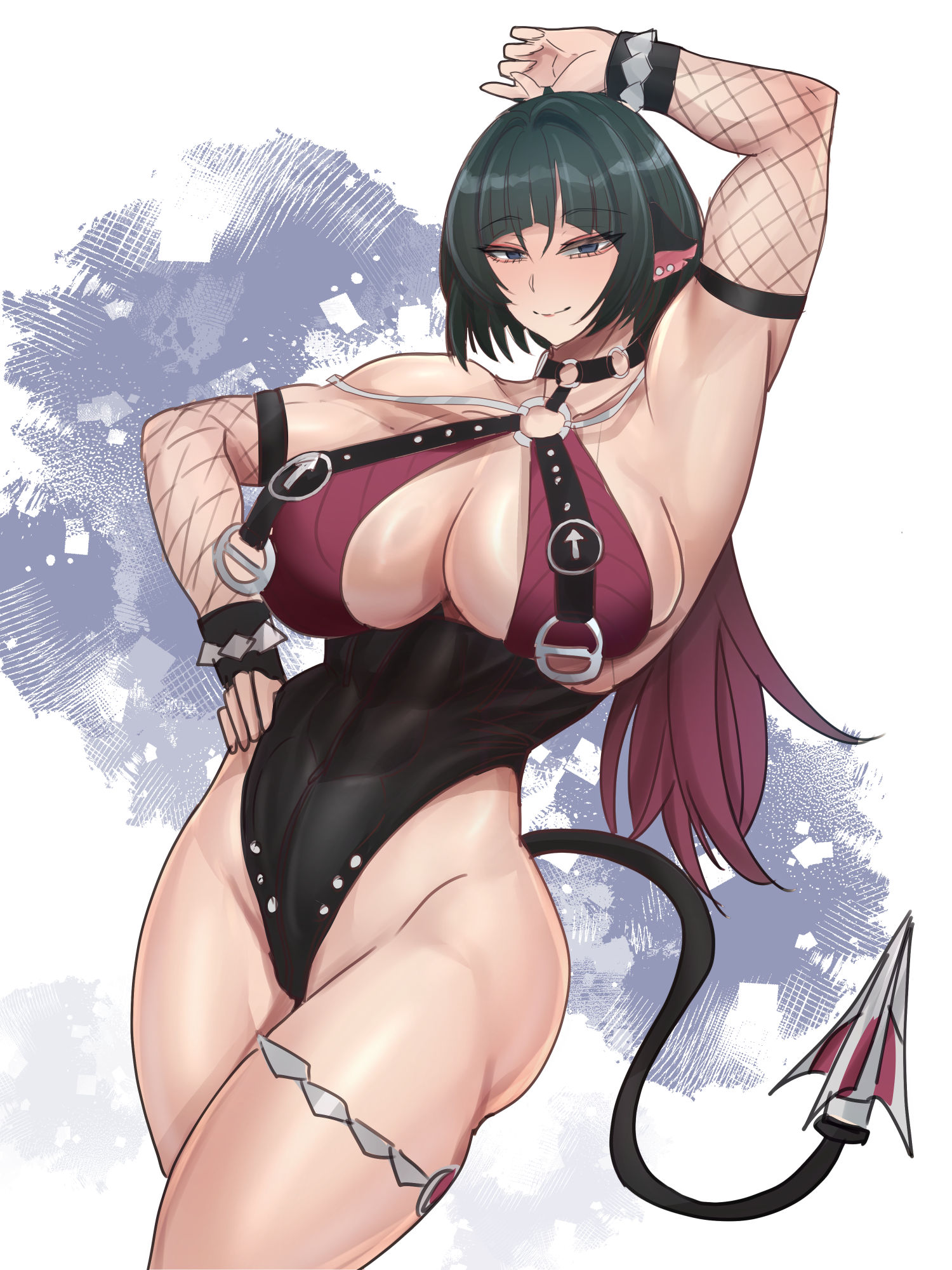 animal ears, biceps, black eyes, black hair, black leotard, breasts, feet out of frame, female, fishnet sleeves, fishnets, hand on own hip, highres, jane doe (nocturne of light) (zenless zone zero), jane doe (zenless zone zero), large breasts, leotard, looking at viewer, mouse ears, mouse girl, mouse tail, official alternate costume, pointy ears, short hair, smile, solo, standing, tail, teaindian, zenless zone zero