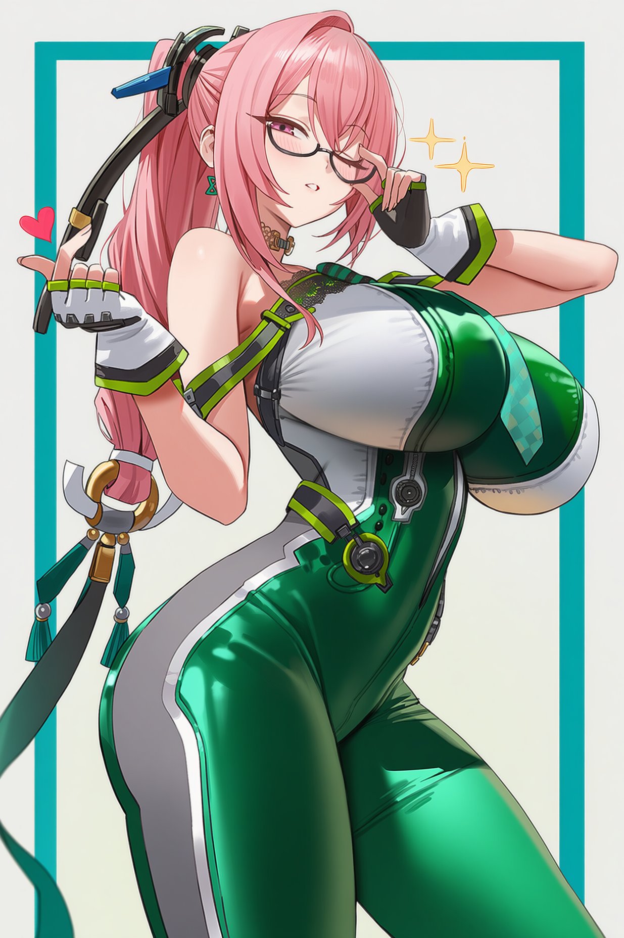1girls, ai generated, aiart fring, bangs, bare shoulders, big breasts, breasts, earrings, eve (stellar blade) (cosplay), fingerless gloves, fring853, glasses, gloves, heart, jewelry, large breasts, long hair, looking at viewer, one eye closed, pink eyes, pink hair, ponytail, solo, tsukishiro yanagi, zenless zone zero