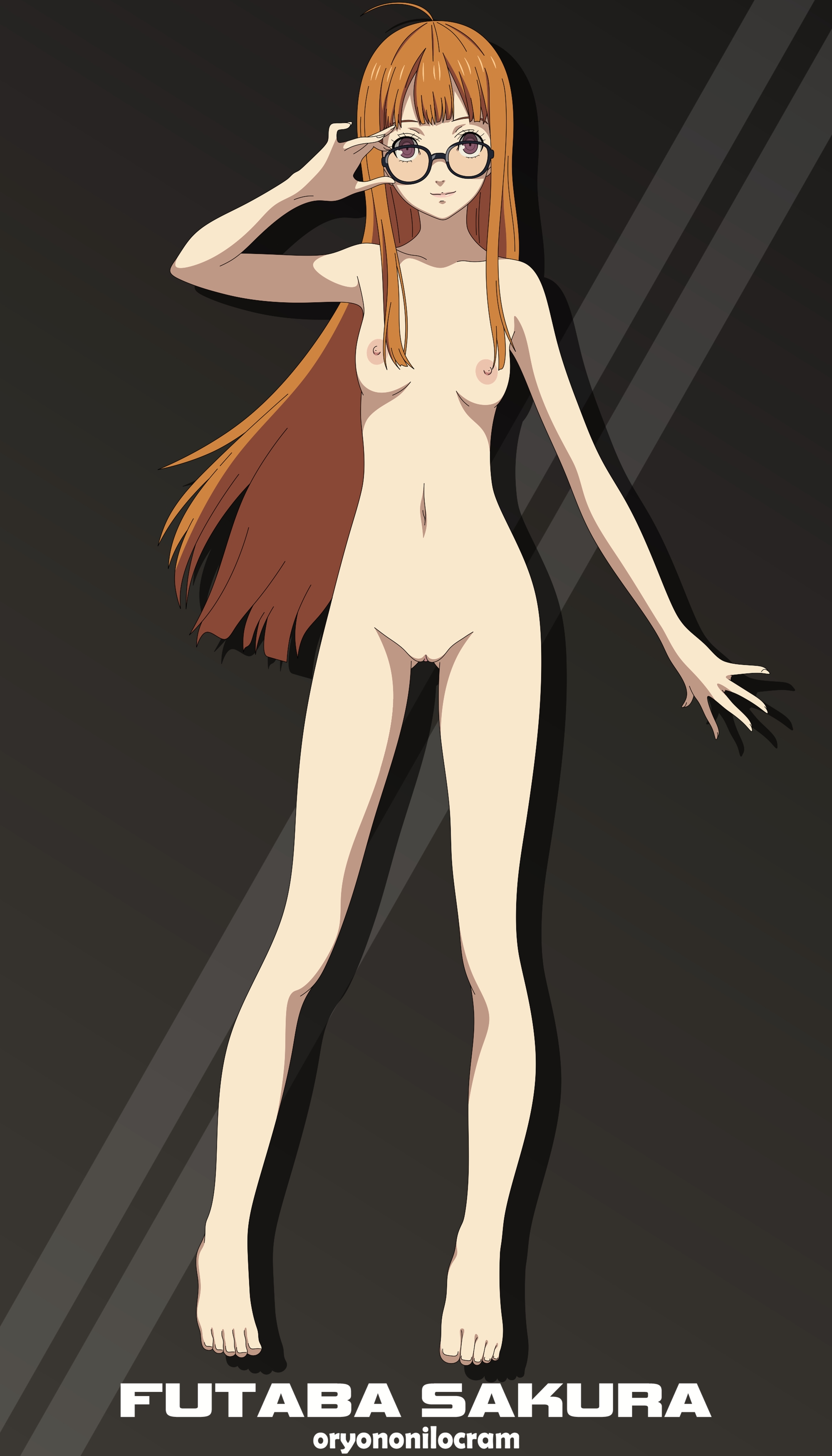 1girls, accurate art style, adjusting glasses, ahoge, areolae, braids, breasts, completely naked, completely nude, female, glasses, glasses only, highres, long hair, looking at viewer, naked, neet, nipples, nude, nude filter, orange hair, oryononilocram, persona, persona 5, purple eyes, pussy, sakura futaba, skinny, small breasts, smile, solo, solo female, vagina