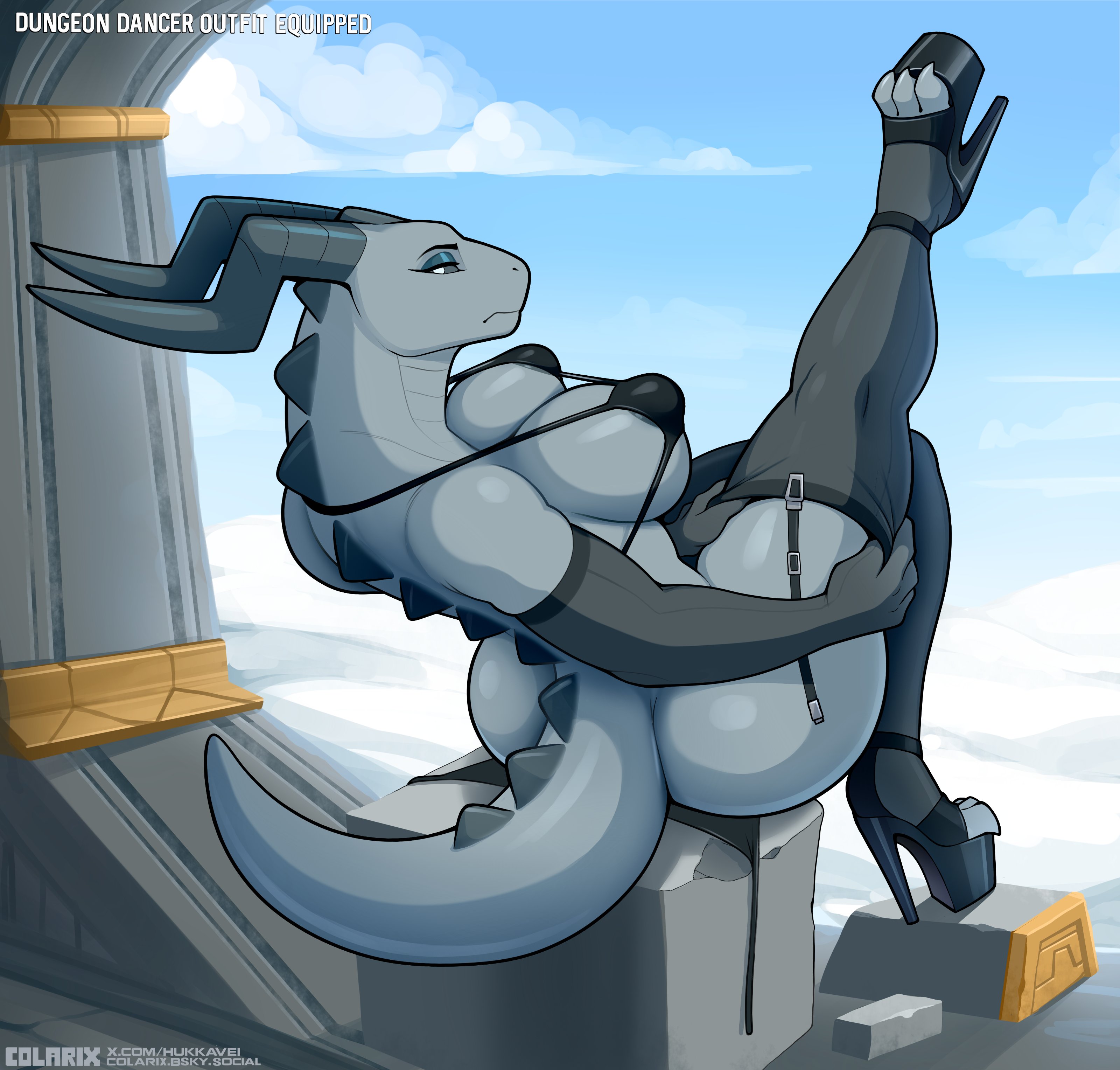 absurd res, anthro, ass, biped, breasts, clothed, clothing, colarix, detailed background, dragon, eyelashes, female, glistening, glistening body, grey body, hi res, legwear, milfnir, mythological creature, mythological scalie, mythology, outside, pupils, scalie, solo, tail, thick thighs, thigh highs