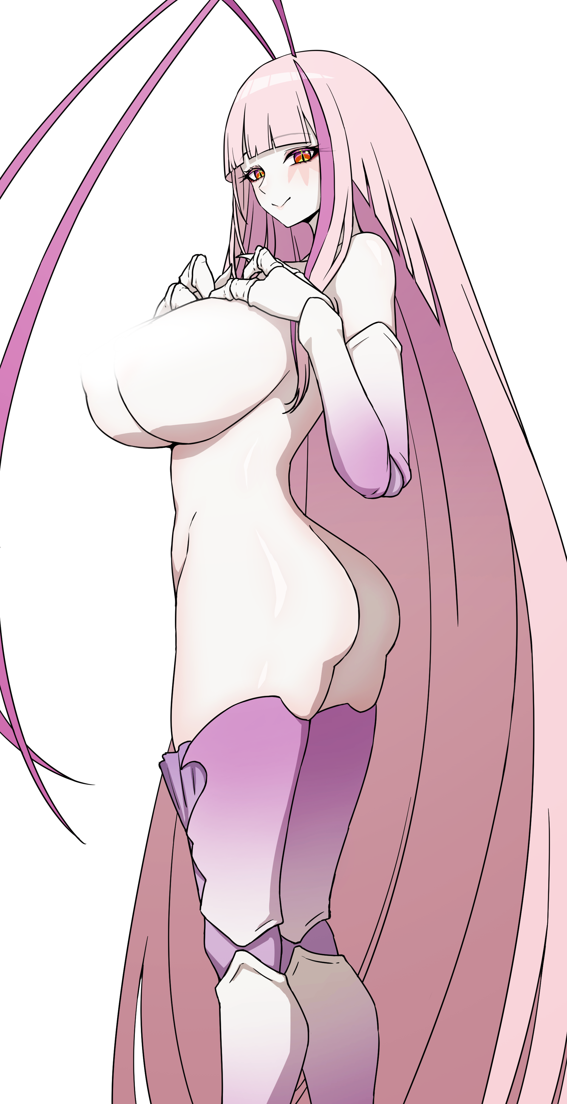 absurdres, antenna hair, arthropod girl, ass, big ass, big breasts, breasts, bug girl, censored, censored nipples, cockroach girl, curvy, curvy female, daydarion, dayyo (daydarion/day-chan), fat ass, female, hands on own chest, highres, insect girl, large breasts, long hair, looking at viewer, massive breasts, matara kan, mature, mature female, milf, mommy, monster girl, multicolored hair, older female, pink hair, red eyes, slim waist, smile, solo, streaked hair, thick thighs, thighs, very long hair, virtual youtuber, voluptuous, vtuber, white background