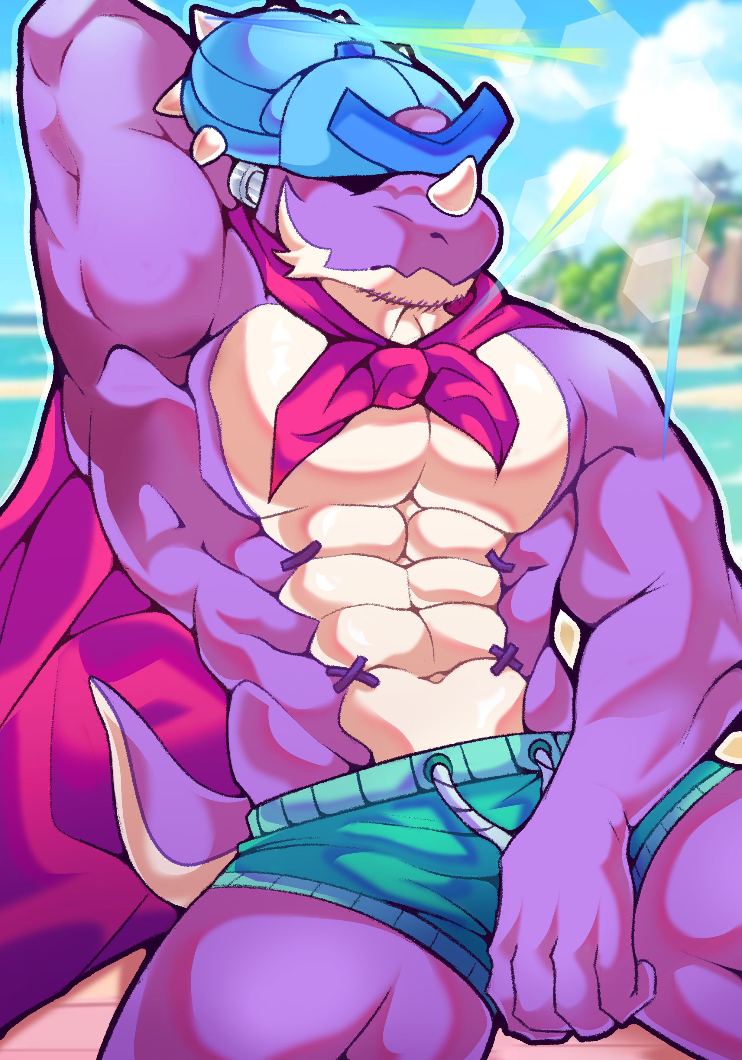 1boy, 1male, 2d, 2d (artwork), 2d artwork, 5 fingers, absurd res, absurd resolution, absurdres, armpit, artist request, background, bara, biceps, big pecs, blue cap, brawl stars, bulge, cap, cape, dinosaur, facial hair, gay, hand behind head, holding bulge, huge pecs, male, male only, muscular, muscular male, no visible balls, no visible eyes, no visible genitalia, no visible nipples, no visible penis, pecs, pierce (brawl stars), pink cape, sitting, sond (artist), swimming trunks, tail, yaoi