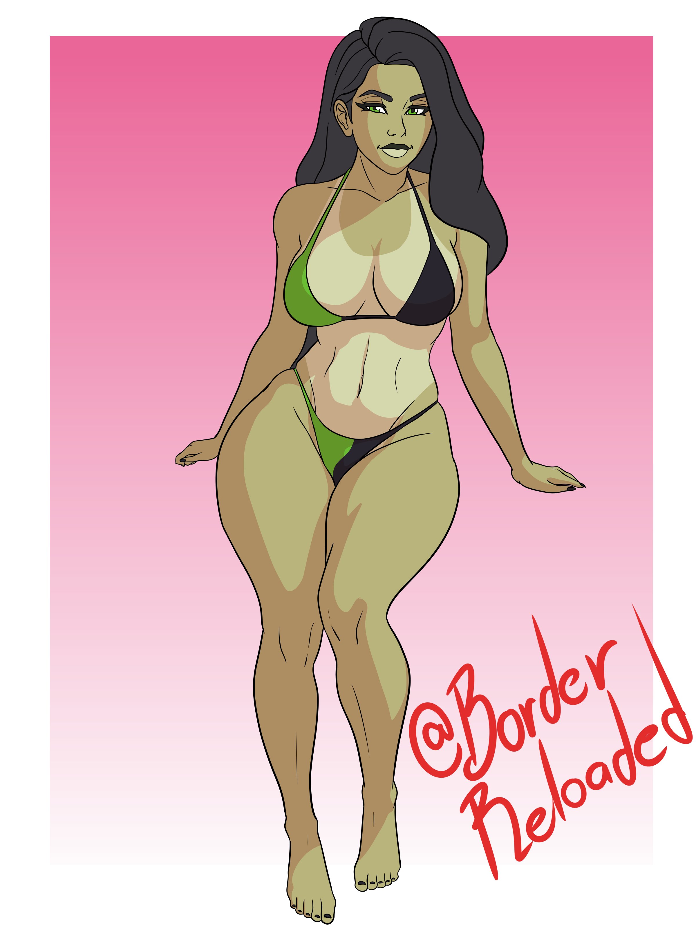 2d, bikini, black hair, borderreloaded, busty, disney, disney channel, female, female focus, female only, green body, green skin, green skinned female, hourglass figure, kim possible, long hair, pinup, pinup pose, shego, solo, solo female, tagme, tan, tan body, tan skin, tan skinned female, wide hips