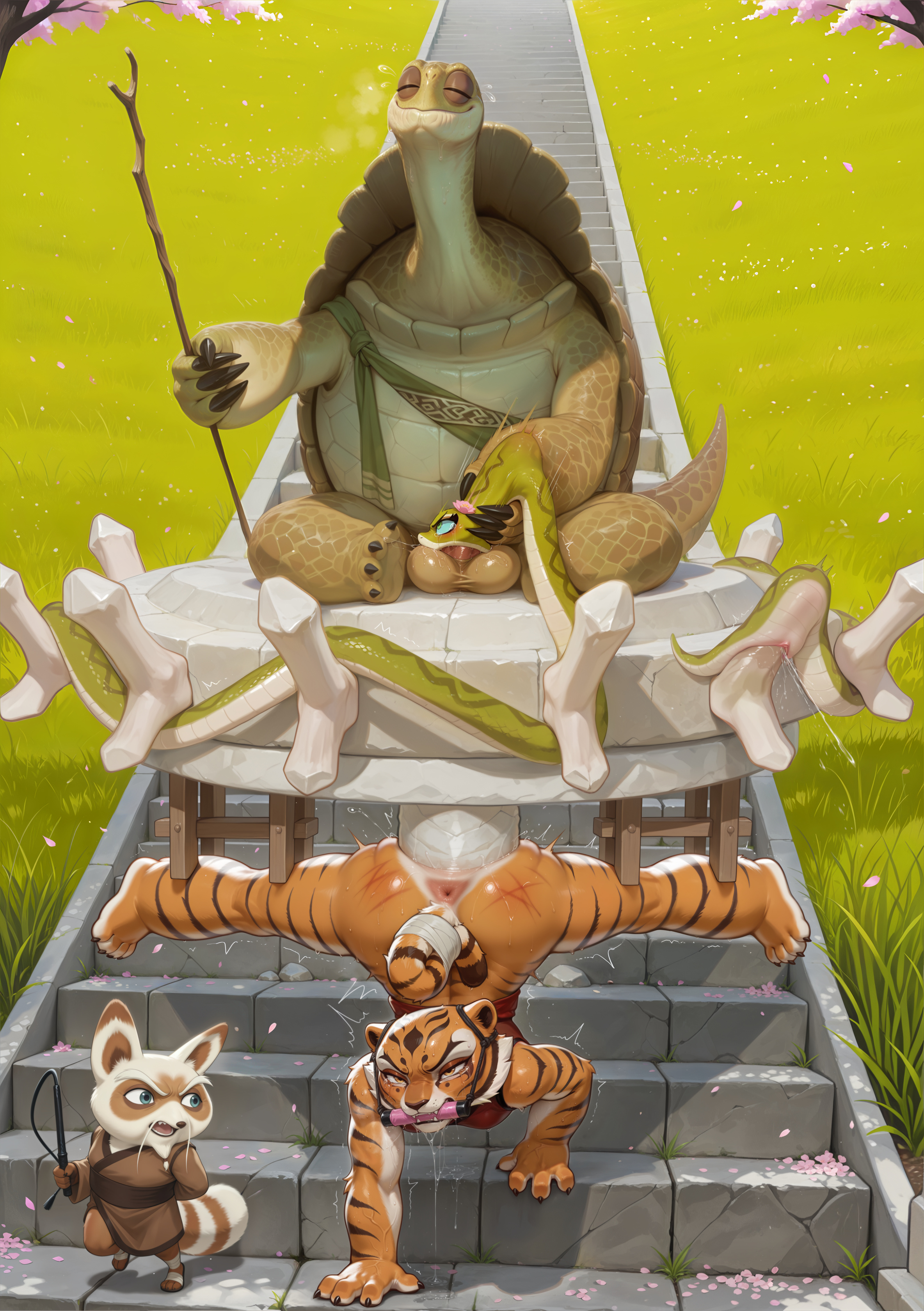 2boys, 2girls, ai assisted, ai generated, angry, anus, balancing, ball gag, cherry blossoms, drooling, fellatio, furry, grass, handstand, kung fu panda, large insertion, master oogway, master shifu, master tigress, master viper, mootcookie (artist), pedestal, saliva, snake, stairs, tiger, tortoise, vaginal object insertion, whip, whip marks