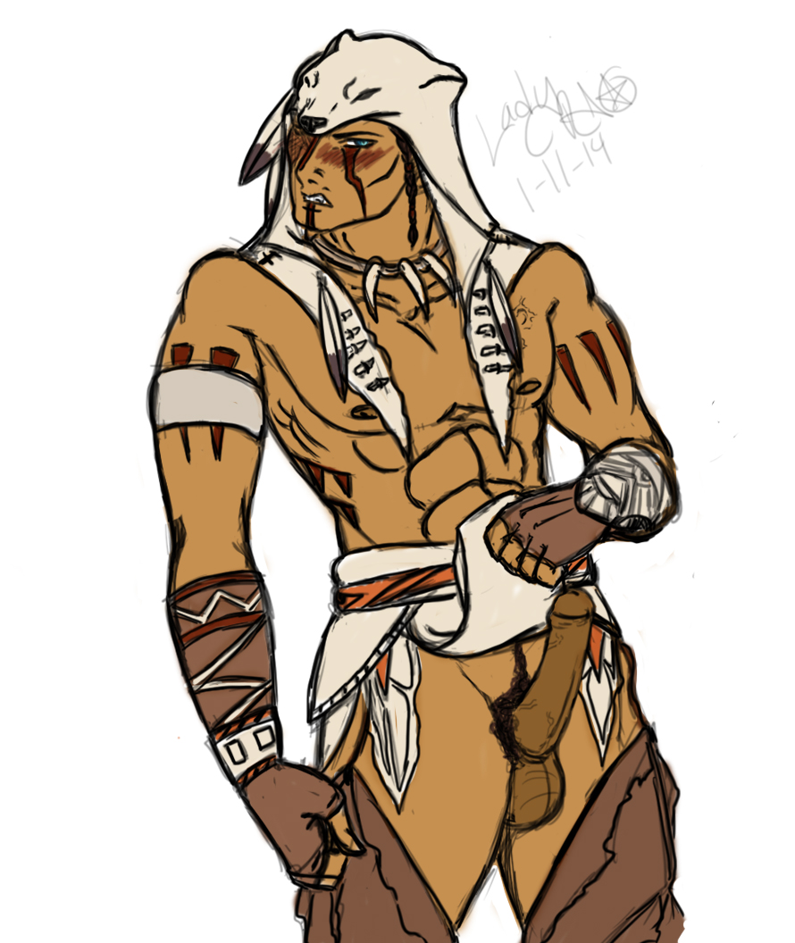 1boy abs assassin's_creed_(series) assassin's_creed_iii balls blush bone bone_necklace color connor_kenway drawing embarrassed erection exposed exposed_penis feathers fingerless_gloves gloves hood human human_only loincloth loincloth_lift looking_at_viewer male male_focus male_only muscular muscular_male native_american necklace pecs penis pubes pubic_hair revealing solo solo_focus solo_male testicles tribal tribal_costume tribal_markings tribal_tattoo ubisoft video_games