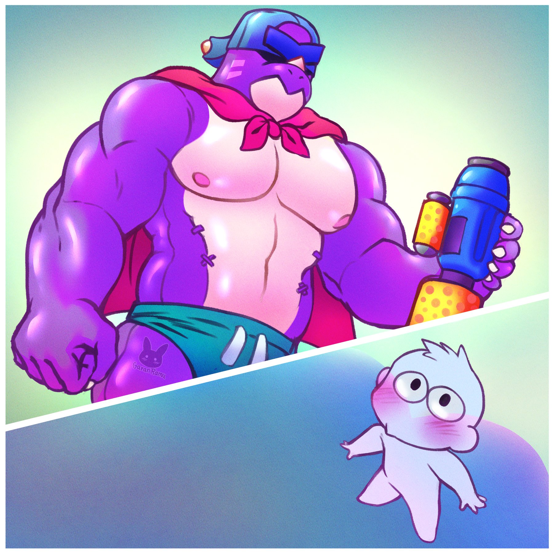 bara, biceps, big pecs, brawl stars, buff, dad bod, dinosaur, gay, huge pecs, muscular, pecs, pierce (brawl stars), shadow over body, speedo, y/n, yaoi