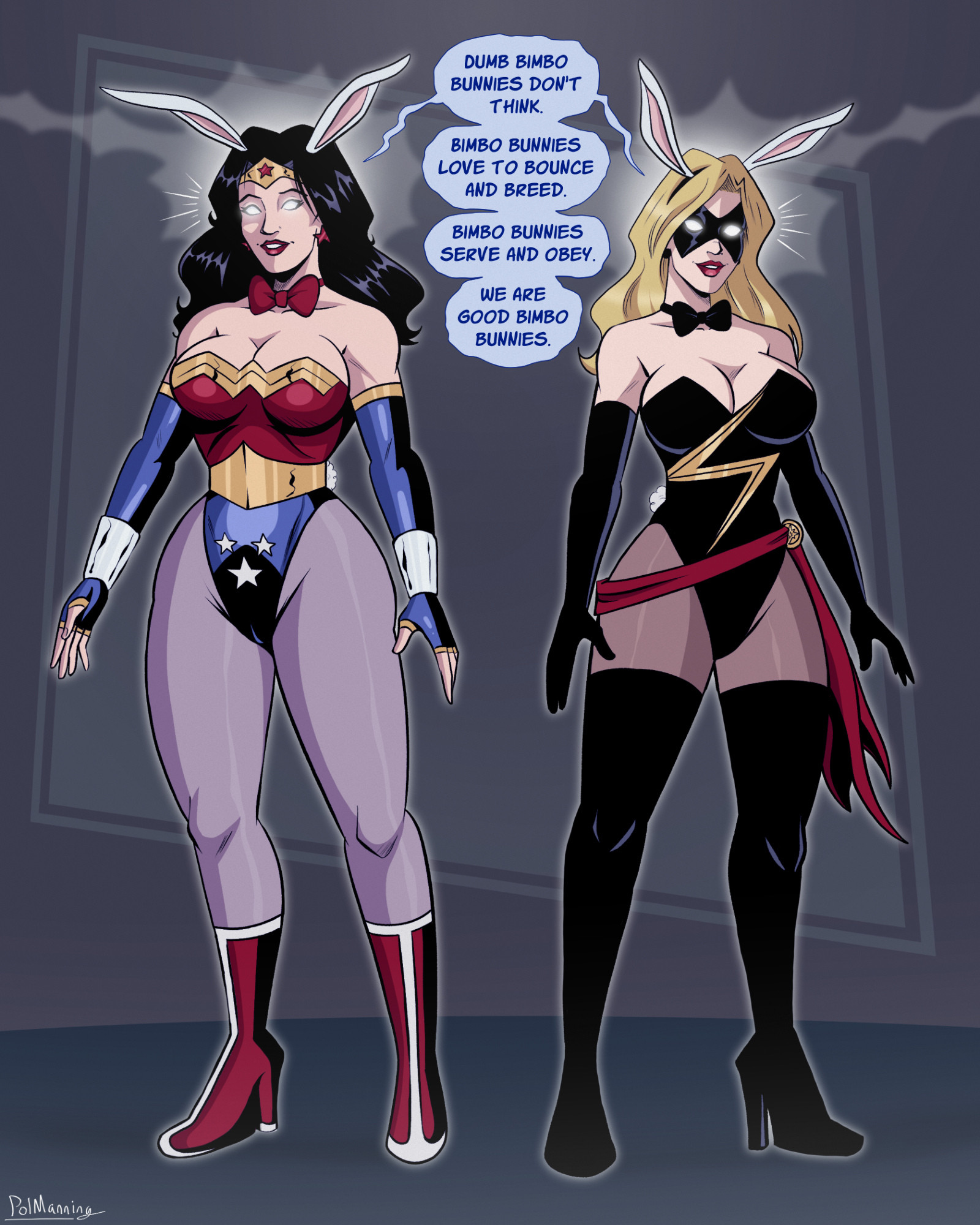 2girls, artist name, avengers, belt, big breasts, bimbo, bimbofication, bimbofied, blonde hair, boots, bowtie, bracelet, brain drain, brainwashing, breasts, bunny costume, bunny ears, bunnysuit, captain marvel, carol danvers, cleavage, costume, crossover, dc, dc comics, diana prince, earrings, elbow gloves, english text, female, female only, femsub, fingerless gloves, gloves, heel boots, heels, high heels, hips, hypnosis, justice league, large breasts, latex thighhighs, leotard, lipstick, makeup, marvel, marvel comics, mind control, mindless, pantyhose, playboy bunny, polmanning, red lipstick, sash, simple background, star earrings, superhero, superhero costume, superheroine, text, thick, thick thighs, thighs, tiara, wide hips, wonder woman, wonder woman (series)