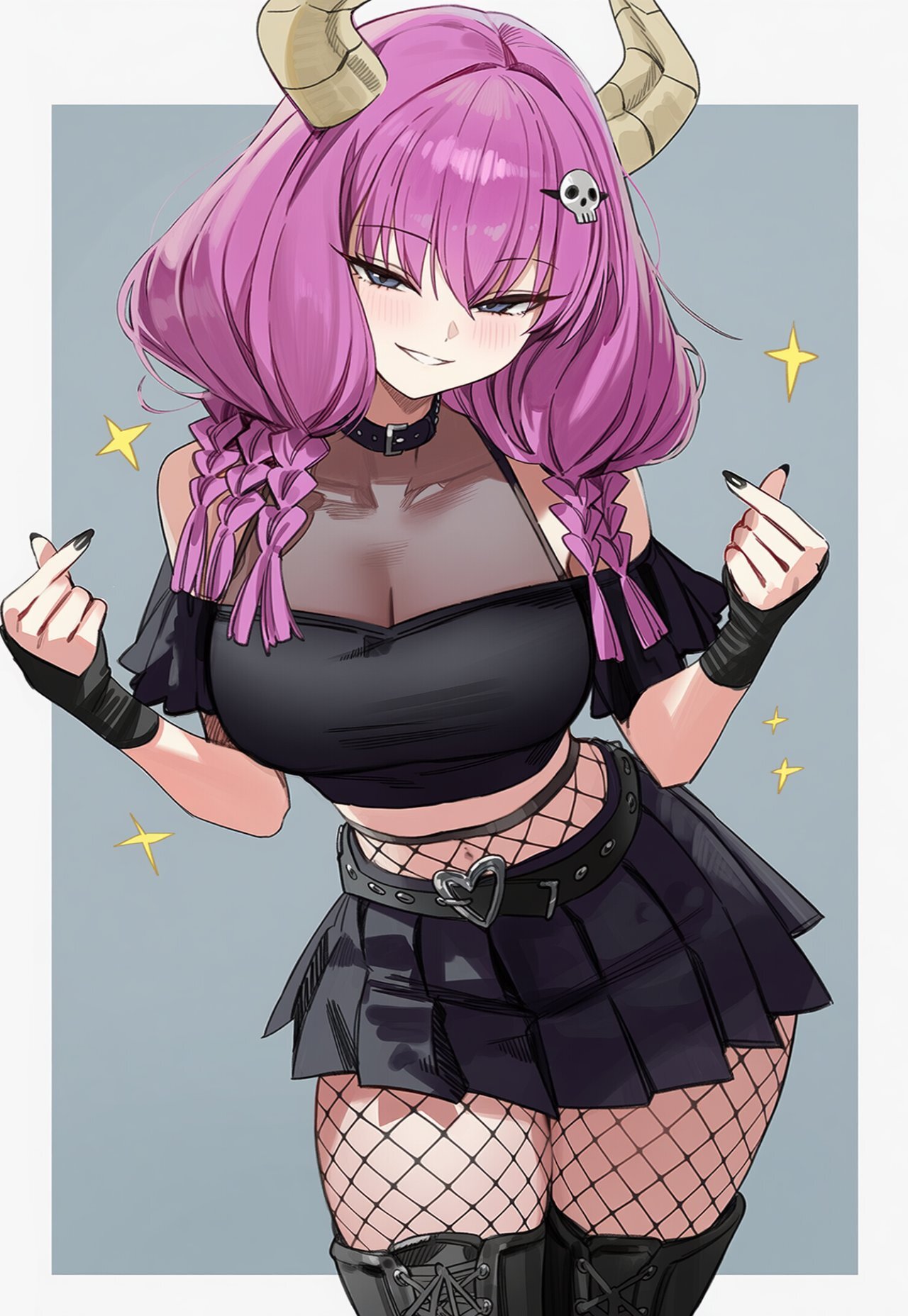 1girls, ai generated, aiart fring, aura (sousou no frieren), bare shoulders, black nails, black skirt, blush, boots, breasts, cleavage, female, fishnet legwear, fishnets, fring853, grin, hair ornament, hairclip, half-closed eyes, large breasts, long hair, looking at viewer, nail polish, pink hair, pleated skirt, skirt, skull hair ornament, smile, solo, sousou no frieren, sparkle, sparkle background, thighhighs