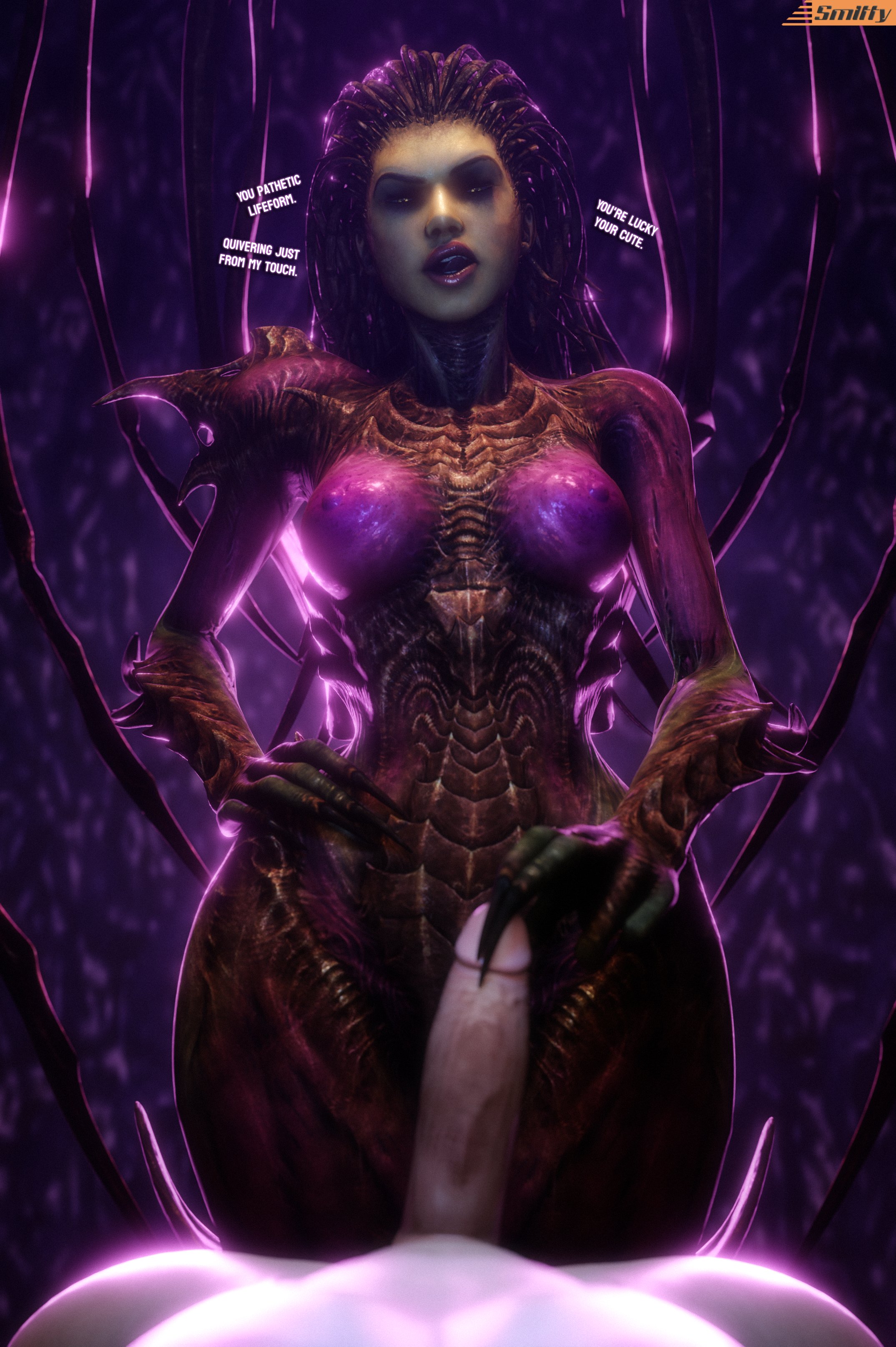1boy, 1girls, 3d, big penis, looking at viewer, queen of blades, sarah kerrigan, smitty34, text
