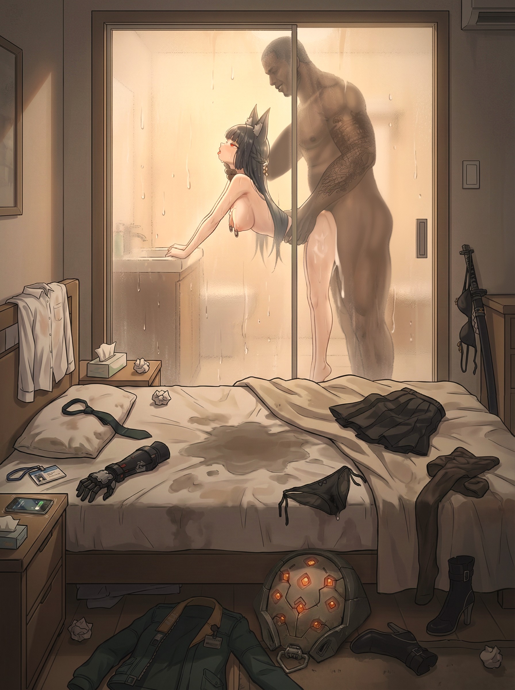 ai generated, artist request, bedroom, big ass, big breasts, dark-skinned male, hoshimi miyabi, love hotel, sex, sex from behind, zenless zone zero