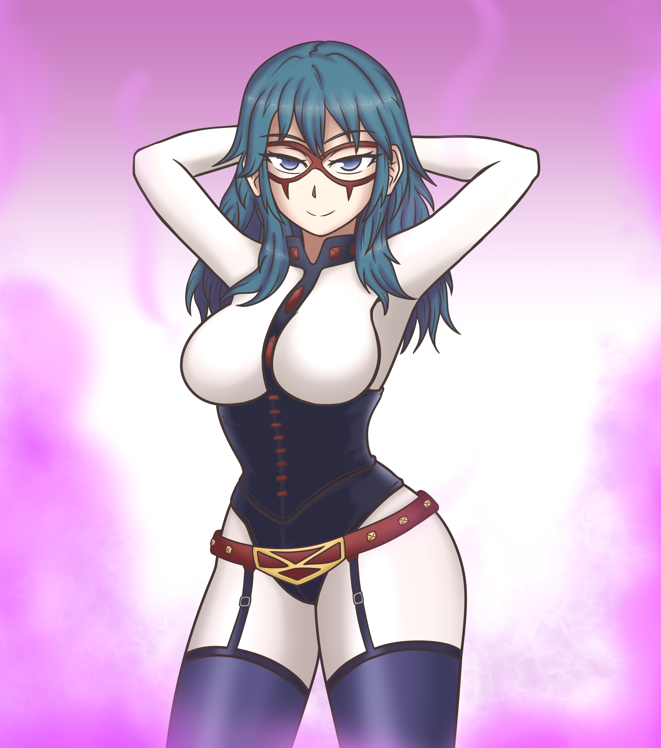1girls, arms behind head, artist request, big breasts, blue eyes, breasts, byleth (fire emblem), byleth (fire emblem) (female), cosplay, crossover, female, female focus, female only, fire emblem, fire emblem: three houses, garter belt, garter straps, hands behind head, hero outfit (mha), looking at viewer, mask, midnight (my hero academia) (cosplay), my hero academia, nintendo, pose, smug, source request, teal hair