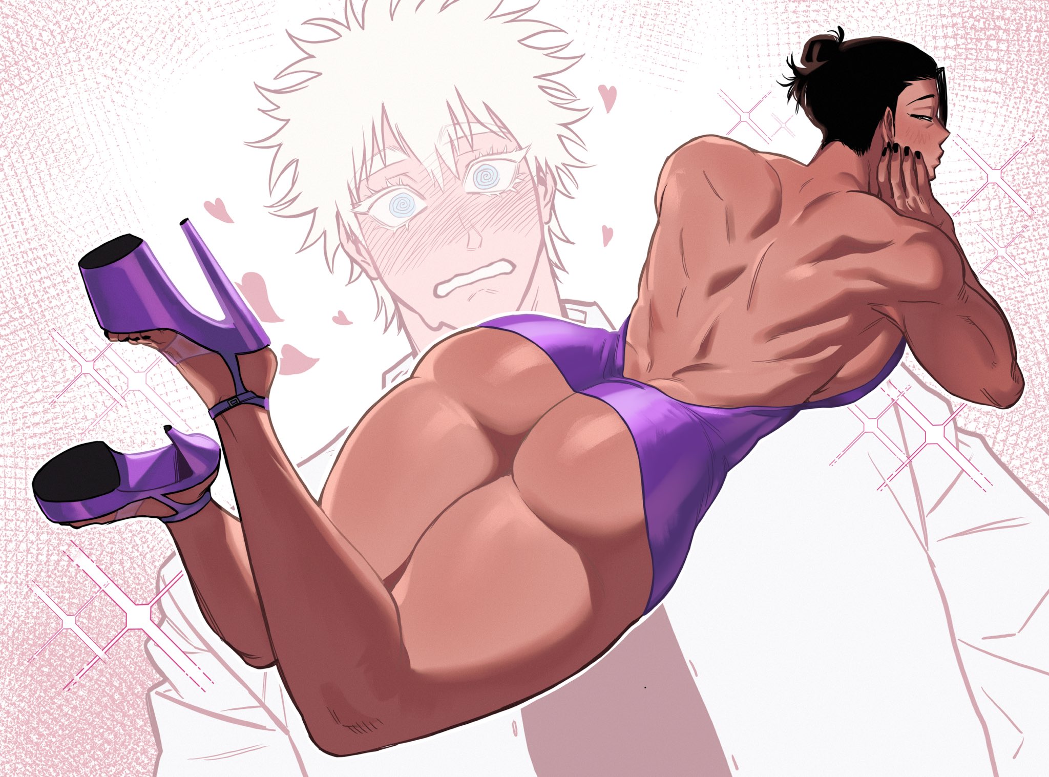 ///, 2025, 2boys, 2d, 2d (artwork), alternate version available, ambush (trap), ass, ass focus, ass out, back muscles, big ass, big breasts, big pecs, black fingernails, black hair, black nail polish, black nails, black toenail polish, black toenails, dress, fat ass, feminine body, feminine male, heart, hearts around body, hearts around head, high heels, jujutsu kaisen, kicking legs, legs, legs up, light skin, light-skinned male, looking back, looking back at viewer, lying, lying down, lying on stomach, male, male focus, male only, nonsenseatnight, pecs, purple dress, purple high heels, satoru gojo, short dress, suguru geto, thick, thick ass, thick legs, thick thighs, thighs