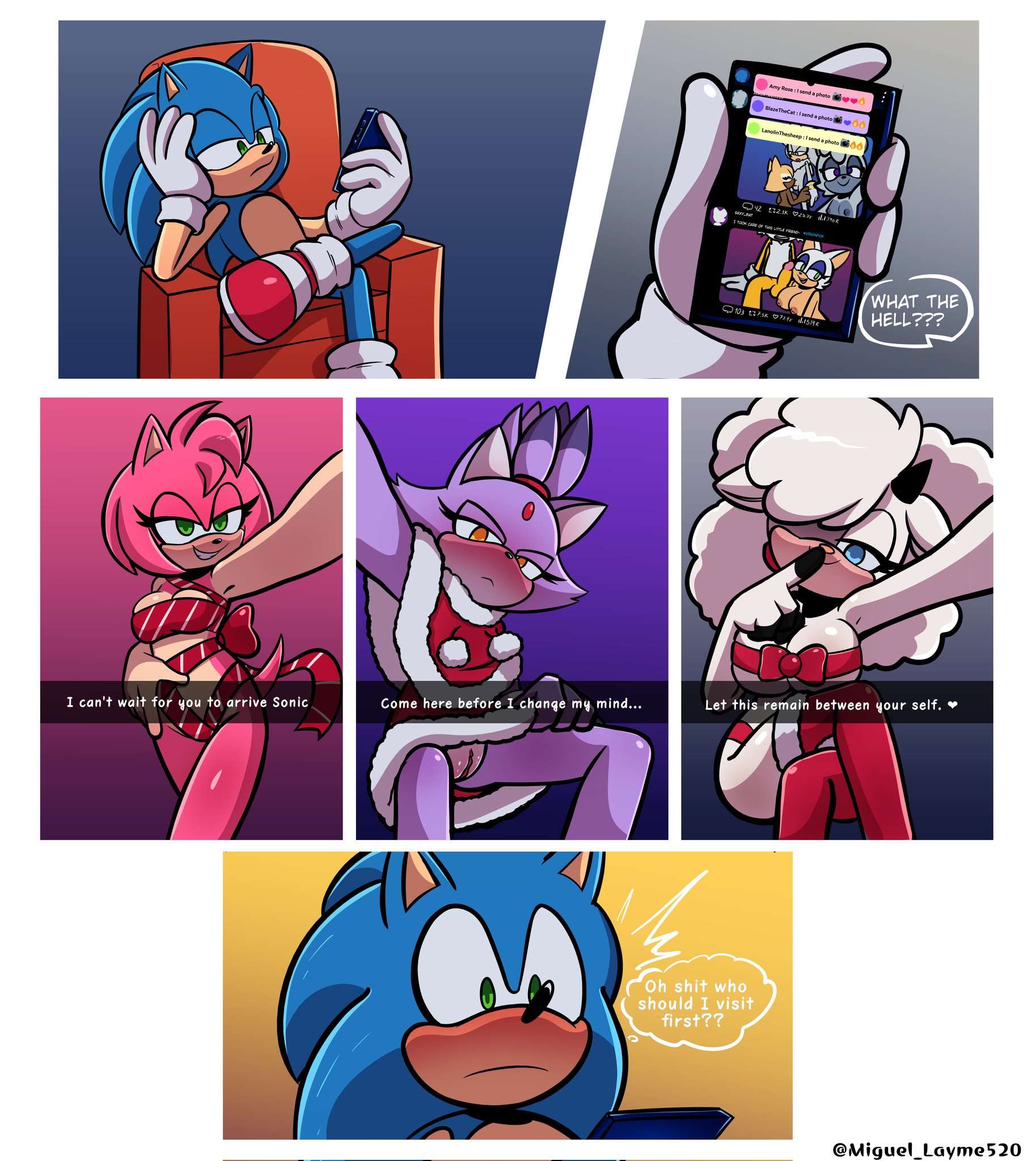 3boys, 6girls, amy rose, anthro, anthro female, anthro on anthro, anthro only, areolae, balls, bat, big breasts, blaze the cat, blowjob, blue eyes, blue fur, blush, bored, breasts, cellphone, chair, christmas, christmas clothing, christmas outfit, cock, english text, eulipotyphlan, feline, fellatio, female, fox, fur, gloves, green eyes, hedgehog, idw publishing, lanolin the sheep, lemur, looking at phone, male, male/female, mammal, miguel layme, nipples, oral, penis, phone, phone screen, phone text, pink fur, purple eyes, purple fur, pussy, ribbon, rouge the bat, sega, sheep, silver the hedgehog, sitting, sonic (series), sonic the hedgehog, sonic the hedgehog (comics), sonic the hedgehog (idw), sonic the hedgehog (series), surprised, tails the fox, tangle the lemur, text, vagina, whisper the wolf, white fur, white gloves, wolf, wool (fur), yellow eyes, yellow fur