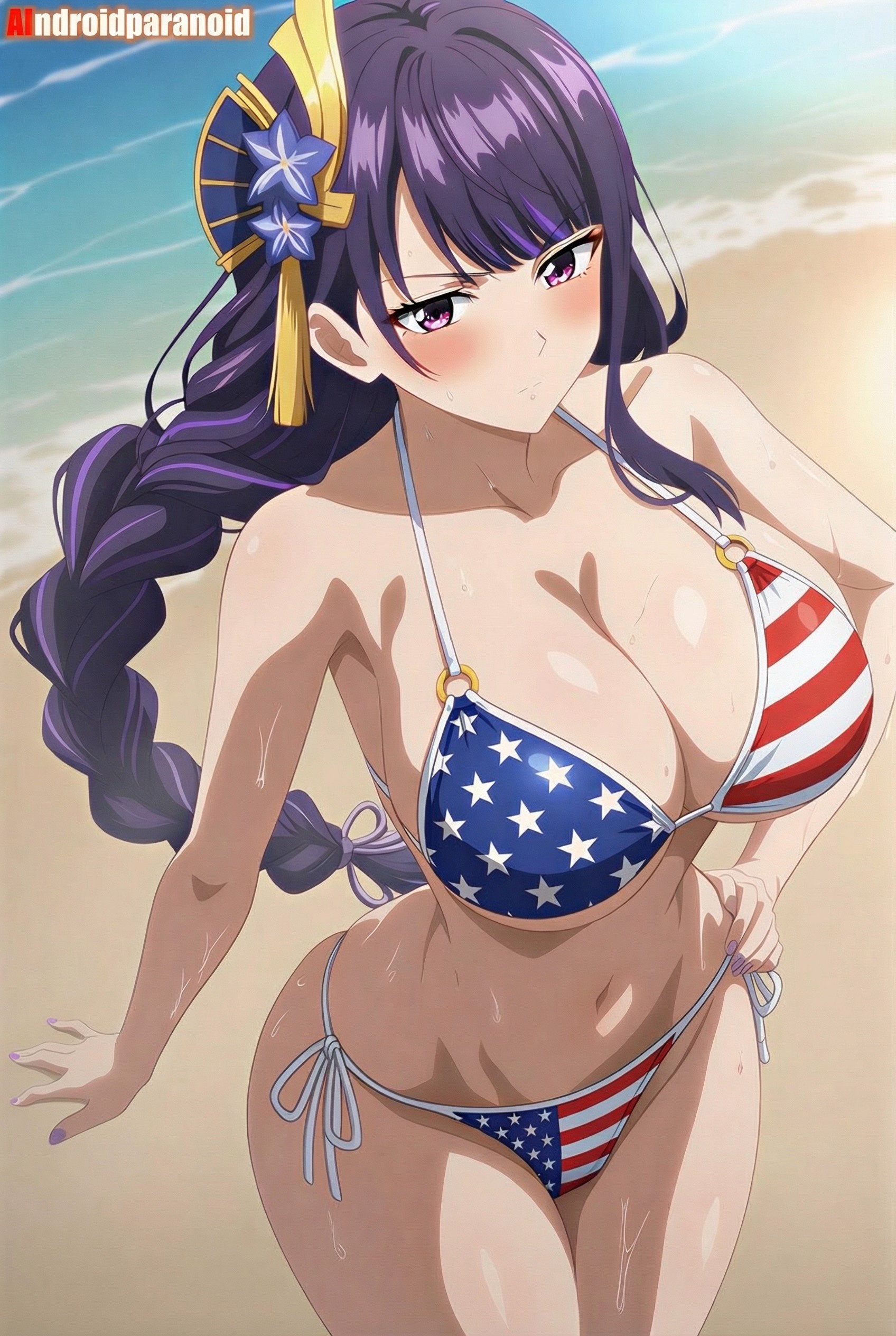 ai generated, aindroidparanoid, american flag bikini, ass, beach, bikini, braid, breasts, cameltoe, curvy, female, flashing breasts, genshin impact, huge breasts, large breasts, long hair, nipples, purple eyes, purple hair, pussy, raiden shogun, round ass, round butt, stable diffusion, topless, wet pussy