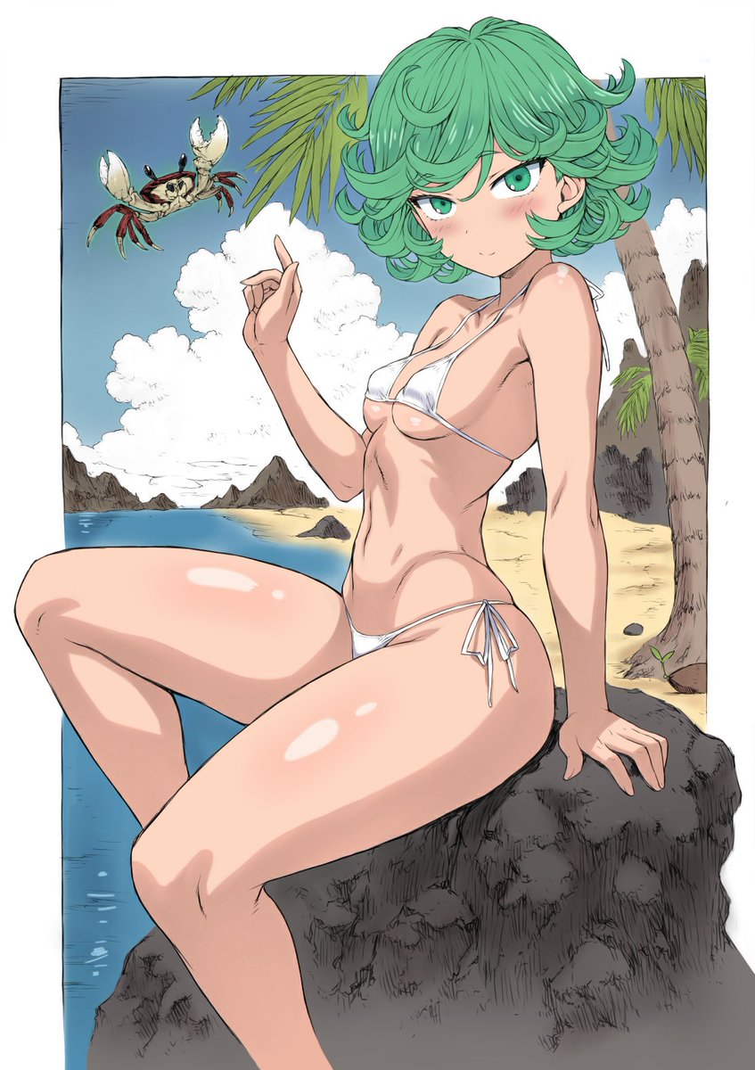 1girls beach bikini bikini_bottom bikini_top blush blushing clouds color crab curly_hair eyebrows eyelashes female female_only gonzalo_costa green_eyes green_hair legs light-skinned_female light_skin looking_at_viewer mogudan navel one-punch_man perfect_legs psychic_powers shiny_skin short_hair sitting sitting_on_rock slim_waist small_breasts solo solo_female solo_focus stomach tatsumaki telekinesis thick_thighs thighs thighs_together white_bikini wide_hips