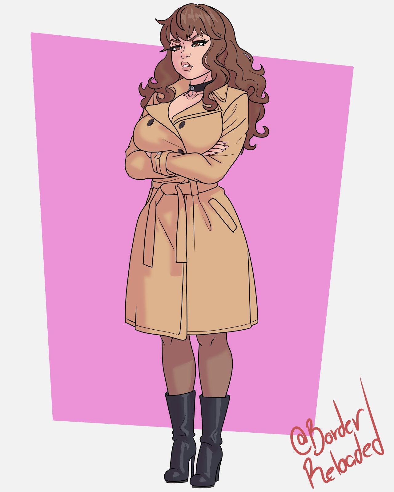 2d, areolae, borderreloaded, breasts, busty, coat, coat only, exhibitionism, female, flashing, full body, harry potter, hermione granger, hourglass figure, nipples, pinup, pinup pose, standing, tagme, wide hips