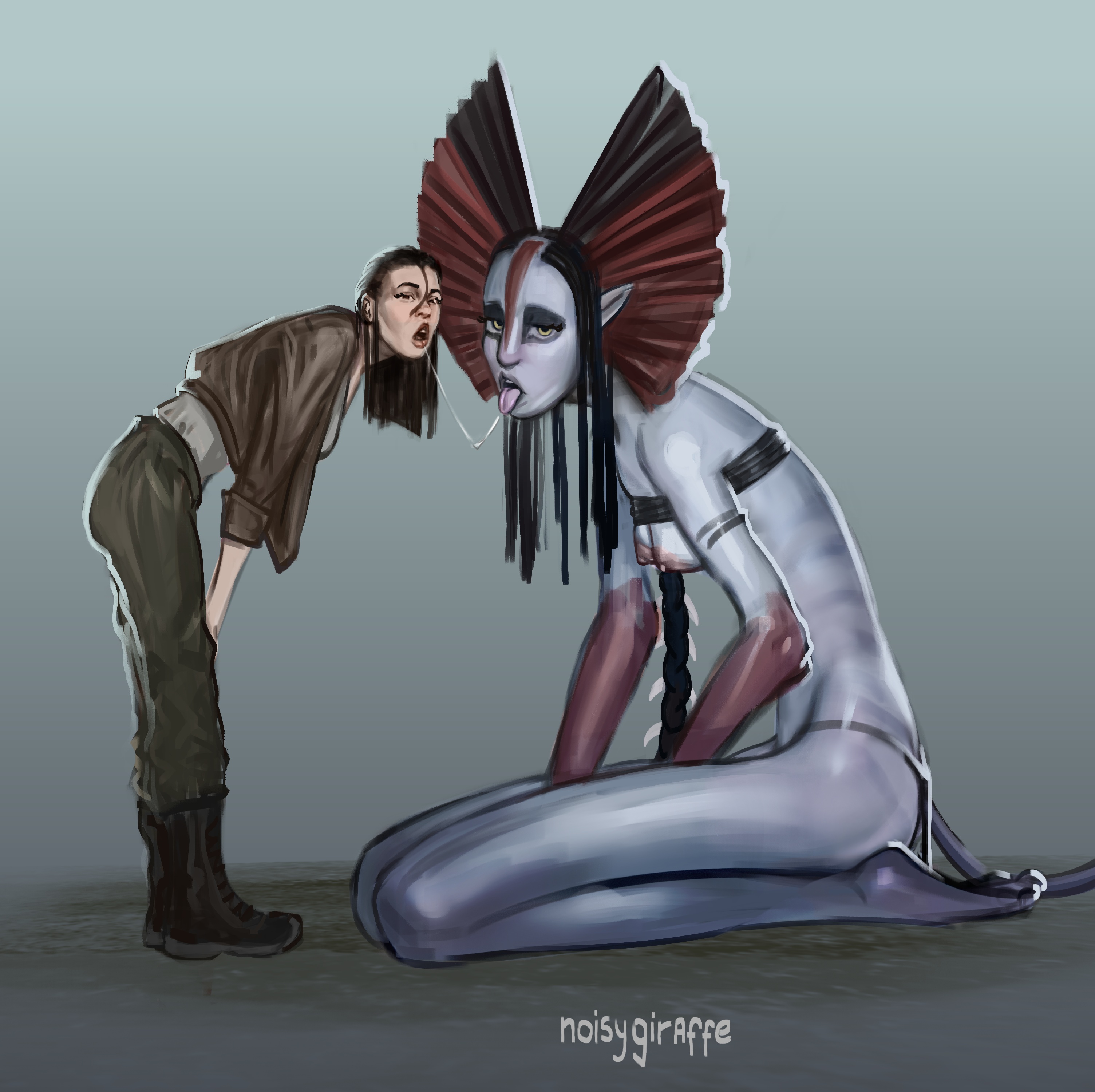alien, alien girl, alien humanoid, avatar, avatar: fire and ash, blue body, blue skin, breasts, humanoid, kiss on lips, kissing, larger female, lesbian kiss, na'vi, noisygiraff, paint, painted, pink tongue, pointy ears, purple tongue, saliva, saliva drip, saliva string, saliva trail, size difference, skinny, small breasts, smaller female, tail, tattoo, tattoos, tiny breasts, varang, yellow eyes, yuri