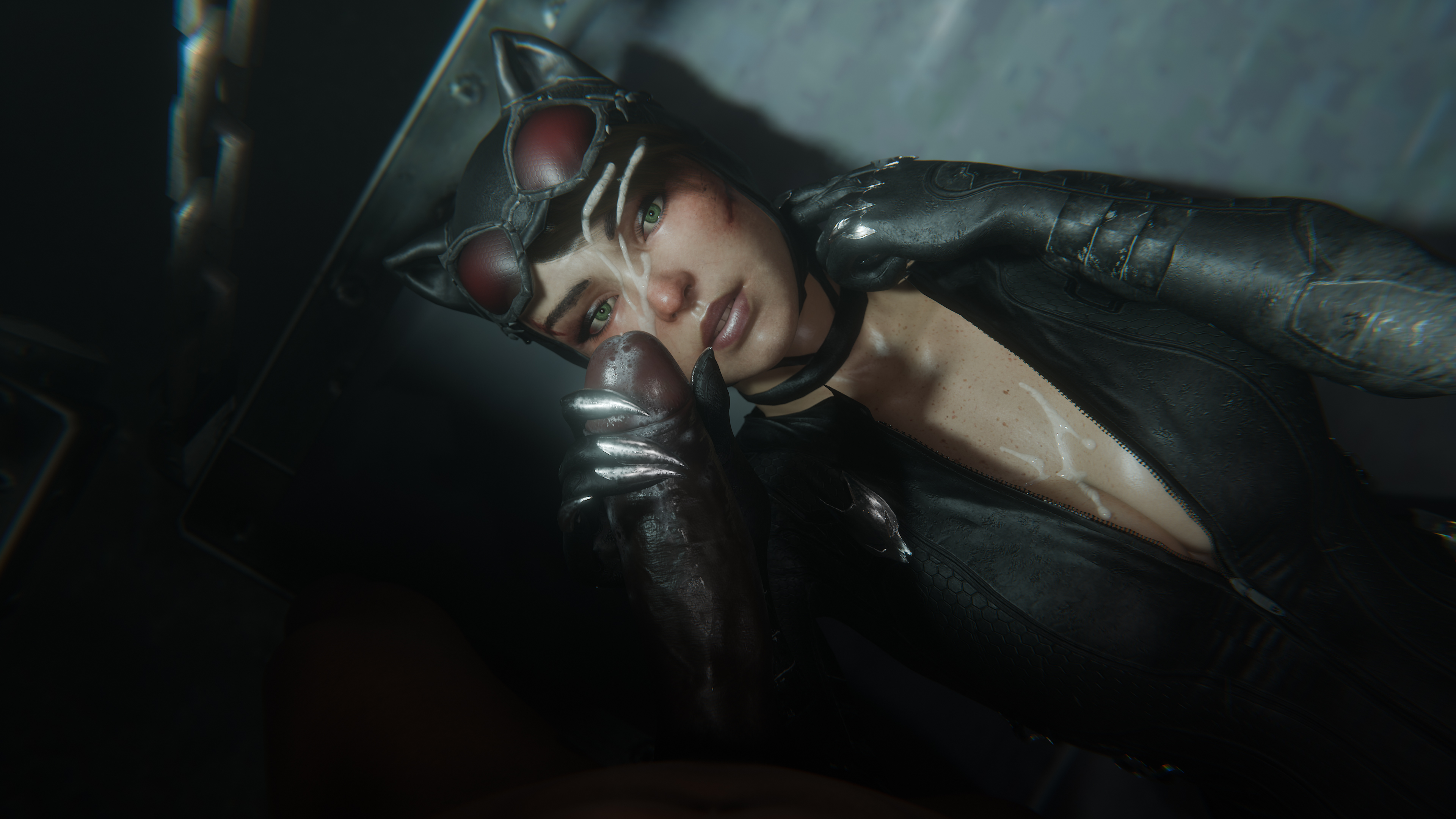 1boy, 1boy1girl, 1girls, 3d, 3d (artwork), batman (series), batman: arkham knight, black gloves, cat ears, catsuit, catwoman, catwoman (arkham knight), catwoman (arkham), cleavage, cum, cum on body, cum on breasts, cum on face, cum on hair, cumshot, dark hair, dark skin, dark-skinned male, dc, dc comics, female, female focus, gloved handjob, gloves, goggles, goggles on head, green eyes, hand on penis, handjob, handjob with gloves, holding penis, interracial, leather, leather clothing, madrugasfm, pale skin, pale-skinned female, penis, selina kyle, semen on body, semen on chest, semen on face, semen on upper body, short hair, touching penis