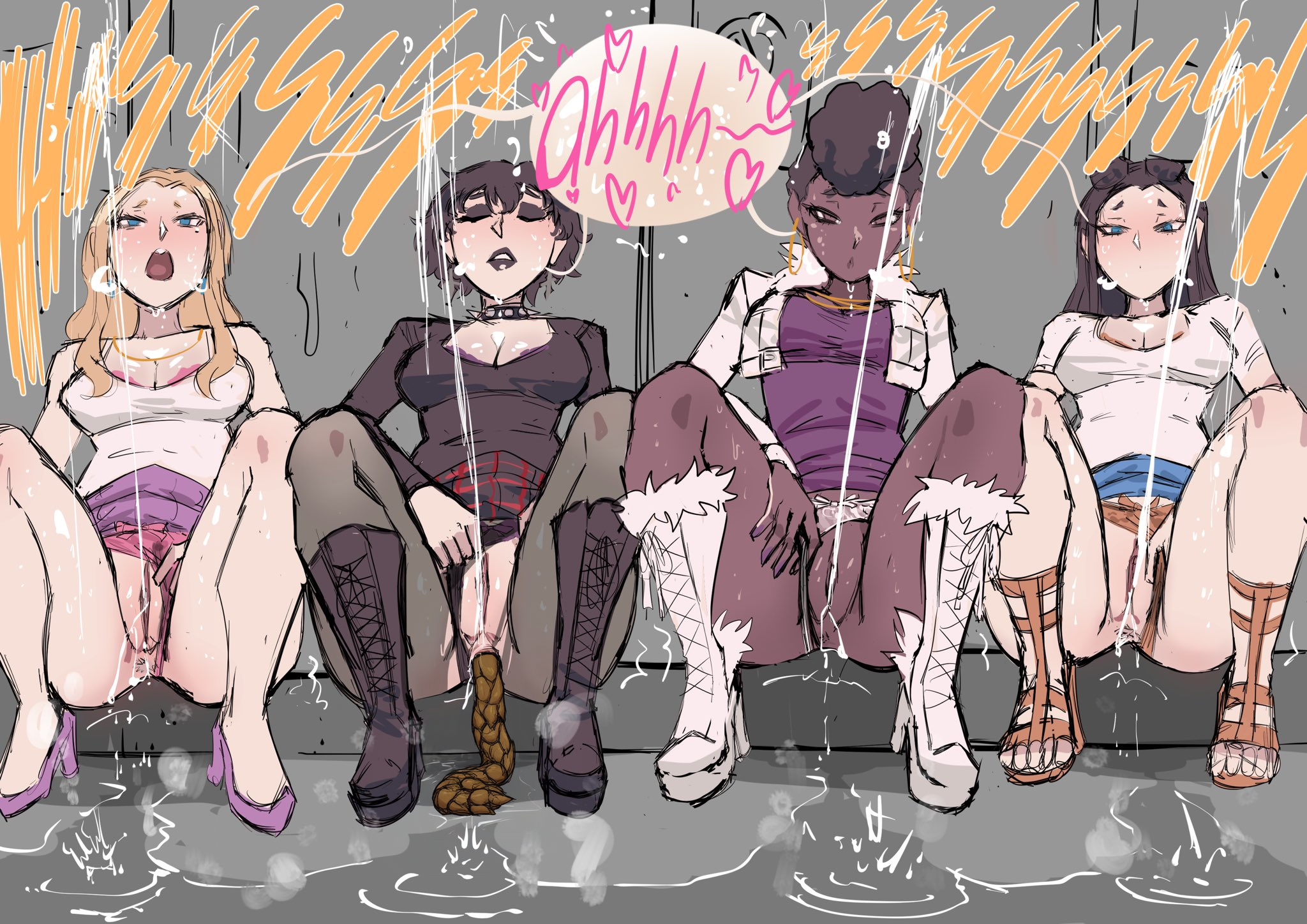 3rd party edit, 4girls, aaliyah (biku), anus, ass, barbara (biku), bare shoulders, biku, black boots, black footwear, black hair, black panties, black pantyhose, black shirt, black thong, blonde hair, blue eyes, blush, bow, bow panties, bra, bra peek, breasts, brown eyes, cleavage, clitoris, closed eyes, clothes, clothes aside, clothes lift, collar, cropped jacket, cross earrings, dark-skinned female, deborah (biku), denim, denim skirt, dress, dress lift, earrings, edit, elena (biku), english text, eyeshadow, eyewear, eyewear on head, female, female ejaculation, female only, gold necklace, hair on breasts, hoop earrings, jacket open, large breasts, light-skinned female, lipstick, long hair, long sleeves, mole, mole under eye, multiple females, multiple girls, multiple necklaces, necklace, necklaces, onomatopoeia, open jacket, open mouth, open toe footwear, orange bra, orange panties, orange thong, original, panties, panties aside, panties aside by self, pantyhose, pee puddle, pee squat outdoors, peeing, peeing together, pink panties, plaid, plaid skirt, power pissing, puddle, purple bra, purple dress, purple footwear, purple heels, purple panties, purple skirt, purple thong, pussy, relief, relieved, ripped clothing, ripped pantyhose, scat, shiny skin, shirt, short hair, short jacket, short sleeves, skirt, skirt lift, speech bubble, spiked collar, spread legs, squirting, stained panties, stained thong, sunglasses, sunglasses on head, sweat, tank top, text, text bubble, thong, thong aside, tongue, torn clothes, torn pantyhose, underwear, wet, wet panties, wet thong, white boots, white footwear, white jacket, white panties, white shirt, white tank top, white thong, yuri