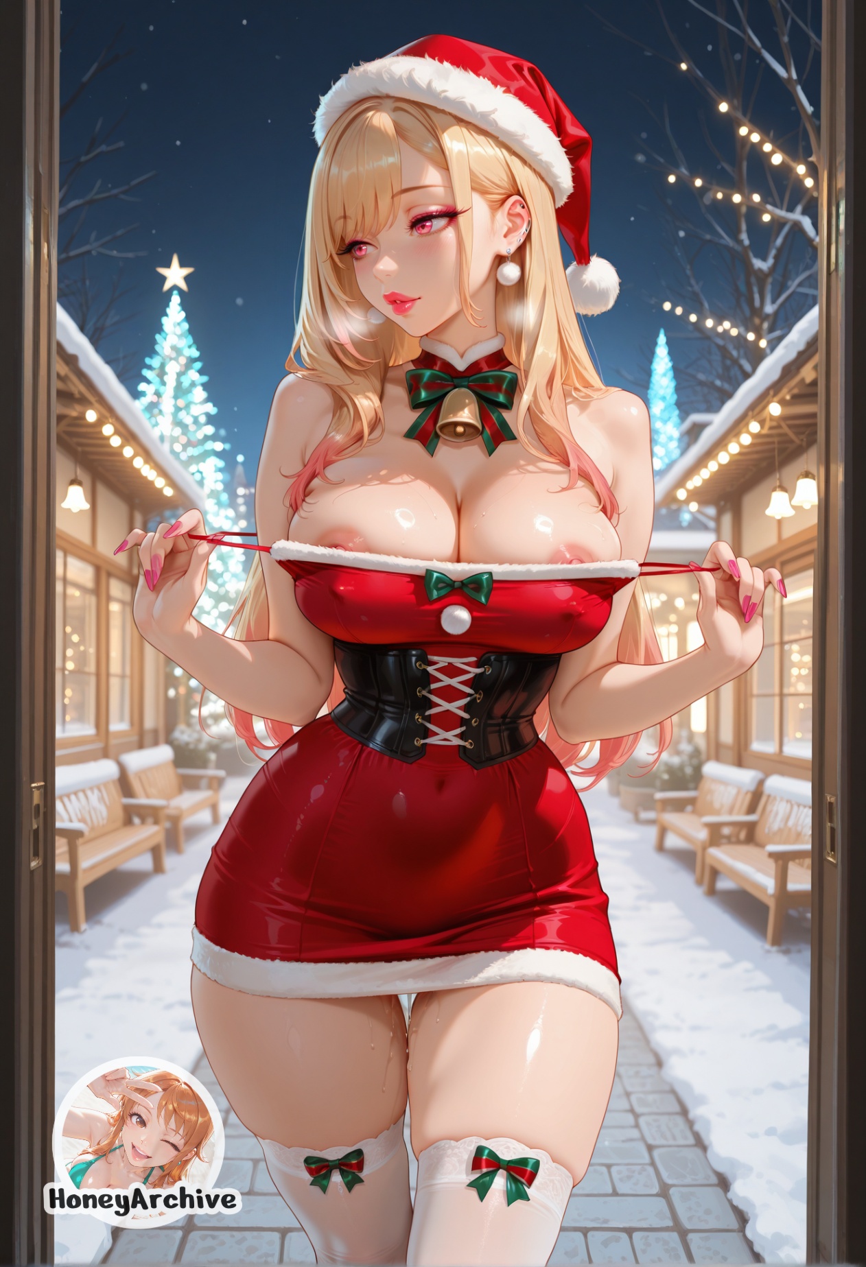 ai generated, areola slip, bangs, bare shoulders, bell, big breasts, blonde hair, bow, breasts, christmas, christmas tree, cleavage, covered navel, dress, earrings, female, fur trim, fur-trimmed dress, fur-trimmed headwear, gradient hair, green bow, hat, honeyarchive, jewelry, kitagawa marin, large breasts, long hair, looking to the side, marin kitagawa, mature female, multicolored hair, my dress up darling, nail polish, neck bell, night, nipple slip, nipples, outdoors, parted lips, patreon username, piercing, pink eyes, pink hair, pink nails, pom pom (clothes), pussy juice, red dress, red eyes, red headwear, santa costume, santa hat, skindentation, snow, solo, sono bisque doll wa koi wo suru, sweat, thighhighs, thighs, tree, two-tone hair, white thighhighs
