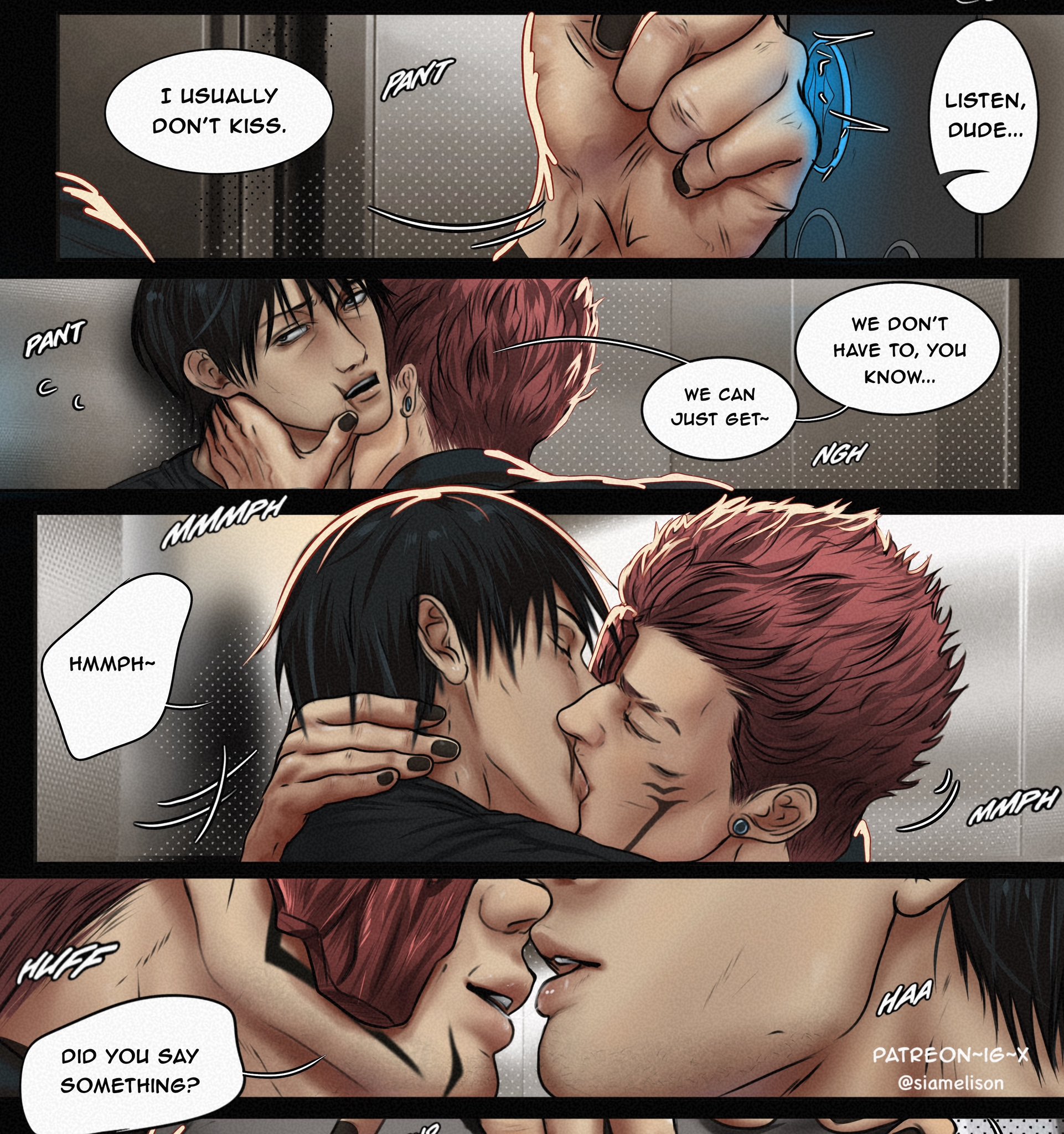 2boys, bara, dilf, english text, gay, jujutsu kaisen, kissing, male only, muscular male, ryoumen sukuna (jujutsu kaisen), siamelisonn, tattoo, toji fushiguro, villain, yaoi