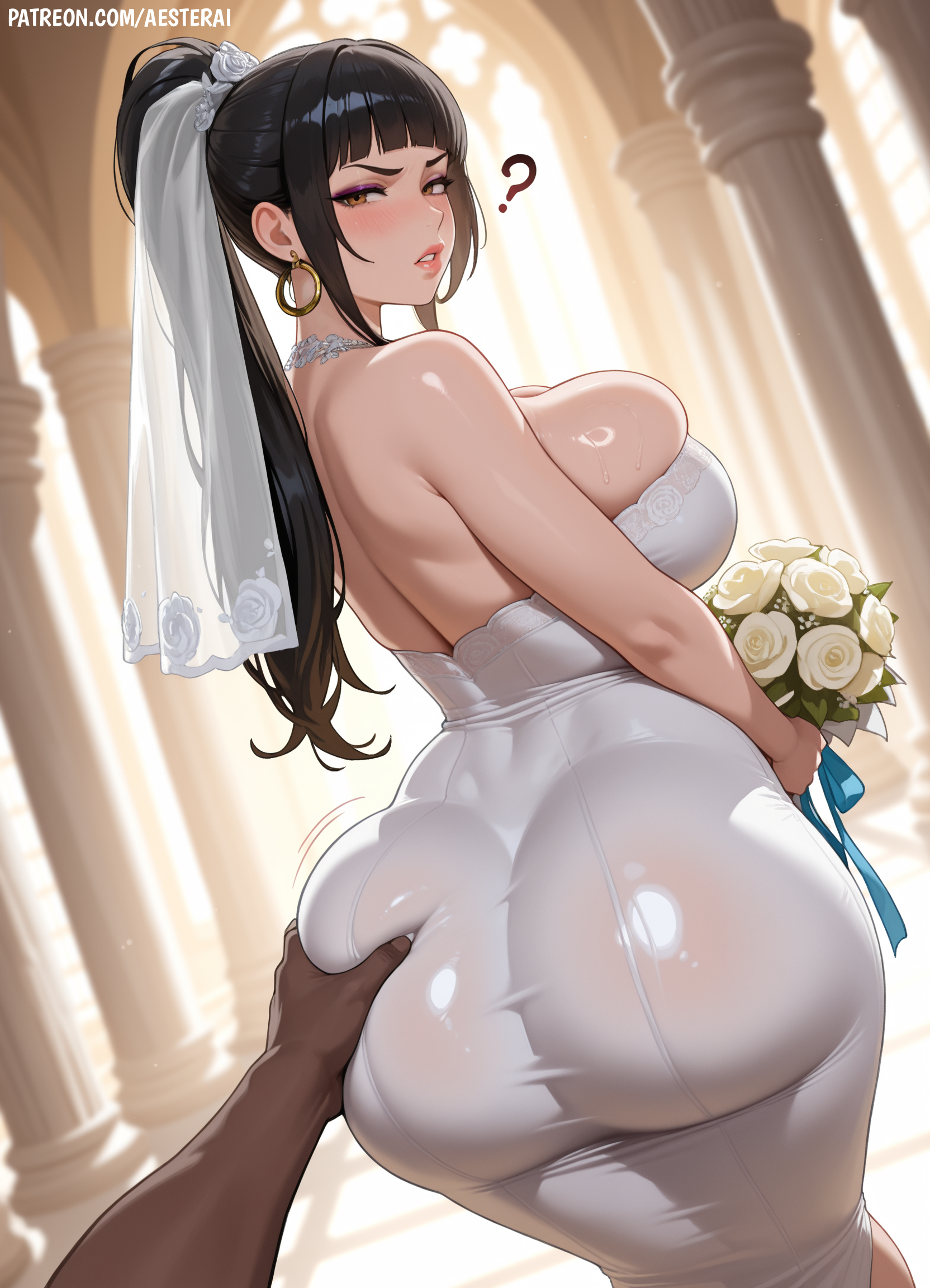 1girls, aesterai, ai generated, annoyed, ass grab, bangs, big breasts, black hair, blush, boquet, breasts, brown eyes, busty, cheating, choker, confused, curvaceous, curvy, dark-skinned male, earrings, eve (stellar blade), fat ass, female, hoop earrings, huge breasts, jewelry, milf, netorare, pawg, stellar blade, tight clothing, wedding dress, wedding veil