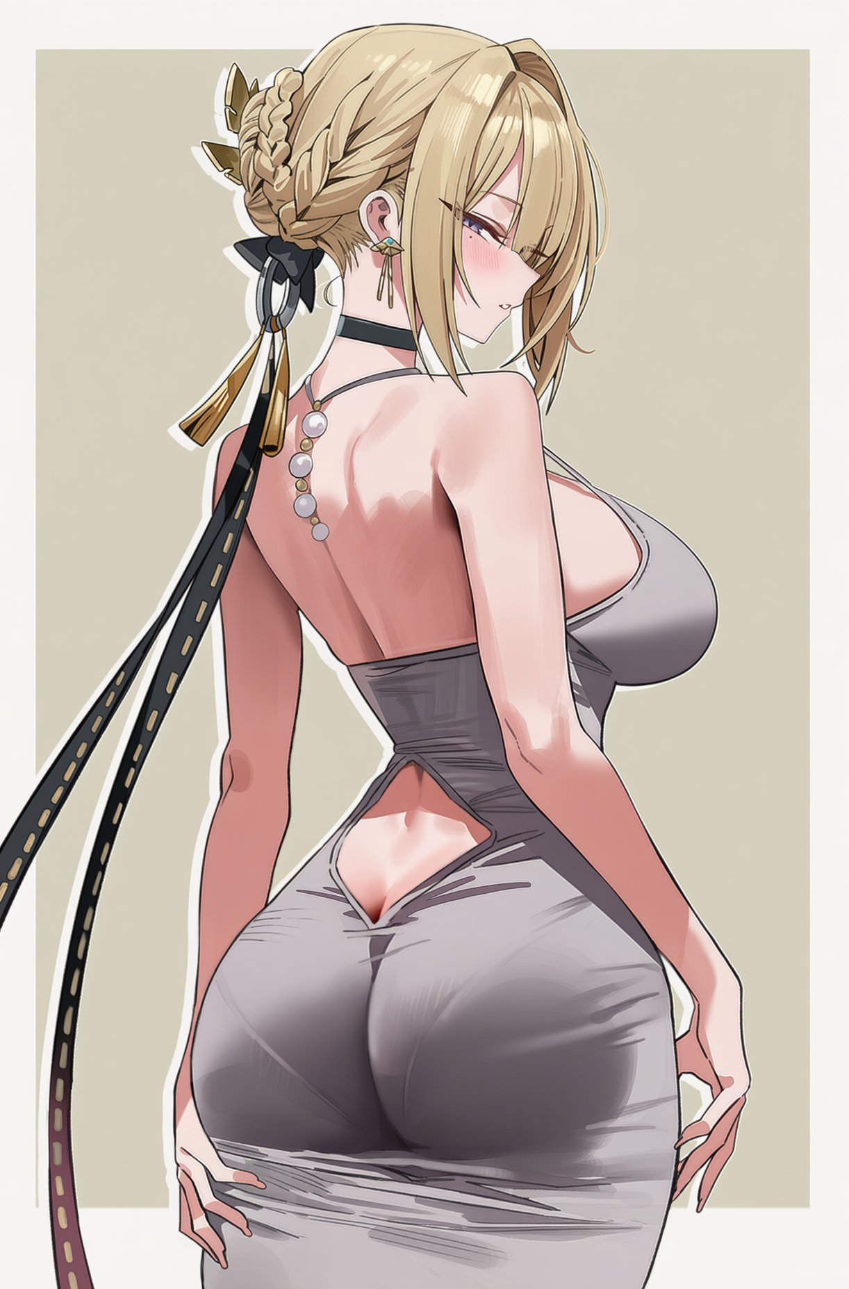 1girls, ai generated, aiart fring, ass, back, bangs, bare shoulders, big ass, big breasts, blonde hair, blush, braid, breasts, choker, dress, earrings, evelyn chevalier, female, fring853, from behind, hair ribbon, jewelry, large breasts, looking back, ribbon, solo, thighs, zenless zone zero