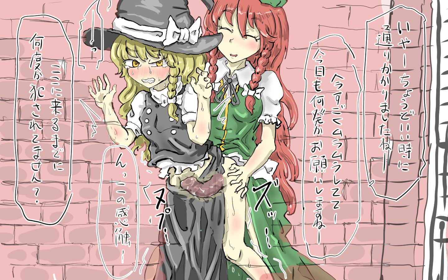1futa, 1girls, against wall, casual, clothed sex, cross section, crying, defeated, dress lift, forced, futa on female, futadom, futanari, hong meiling, japanese text, junrei, marisa kirisame, nonconsensual, notes translation, rape, tagme, tears, touhou, translated, used, x-ray, xray view