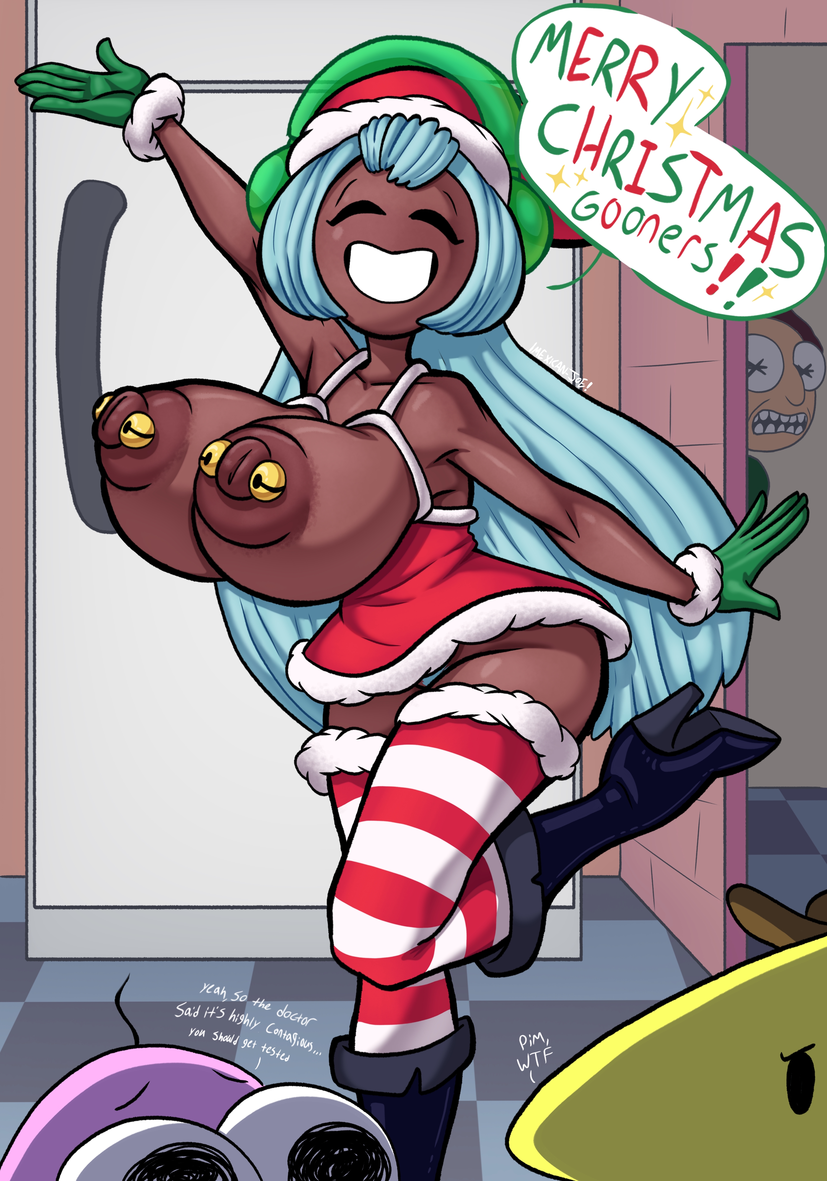 around corner, attention seeker, bells, boots, breakroom, breasts, breasts out, brown body, charlie (smiling friends), christmas clothing, christmas outfit, christmas underwear, closed eyes, dark skin, dark-skinned female, desperate, desperation, dialogue, dolly dimpley, dress, female, fridge, funny, gloves, happy, hat, headphones, heel boots, heeled boots, heels, ignoring, ignoring another, massive areolae, mexicanjoe, nipple piercing, nipples, office, panties, peeping, pierced nipples, pim (smiling friends), pose, santa costume, santa dress, santa hat, smiling, smiling at another, smiling friends, smiling friends self inserts, stockings, text, text bubble, the cool autistic gamer 774, thighhighs, thighs, topless, topless female, underwear