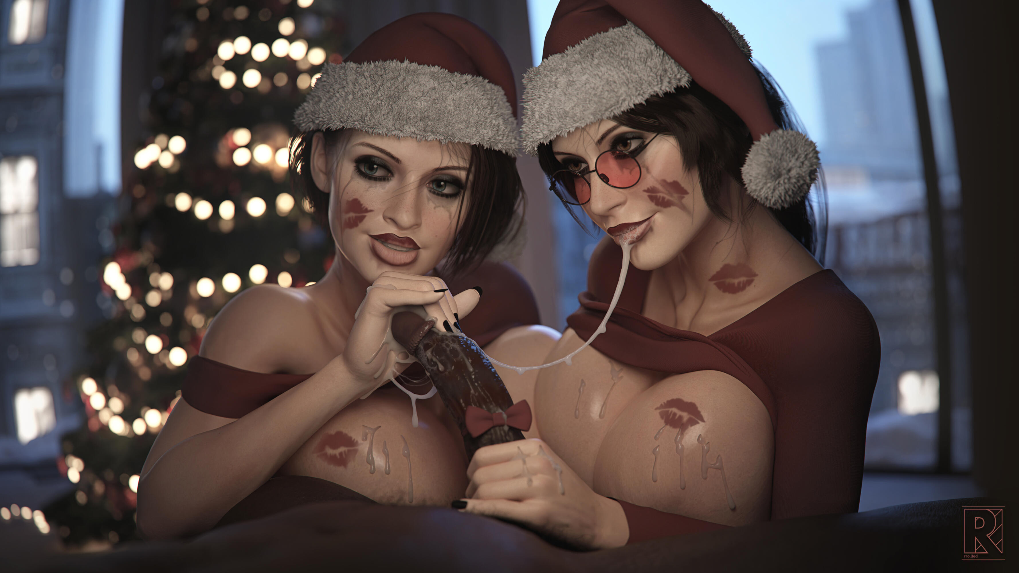 1boy, 2025, 2girls, 3d, alternate version available, areolae, biohazard, black nail polish, blue eyes, breasts, catching cum, christmas, christmas background, christmas hat, christmas tree, collaborative fellatio, crossover, cum, cum in hand, cum string, dark-skinned male, eastern and western character, female, huge breasts, image set, interracial, jill valentine, jill valentine (sasha zotova), lara croft, lara croft (survivor), lipstick, lipstick mark, lipstick mark on breast, looking at partner, looking over eyewear, looking over sunglasses, male, nail polish, painted nails, post-blowjob, post-orgasm, resident evil, resident evil 3, resident evil 3 remake, ribbon, ribbon on penis, rro.lled, ruined makeup, runny makeup, runny mascara, shirt lift, skin tone difference, straight, sunglasses, threesome, tinted eyewear, tomb raider, tomb raider (survivor), trio