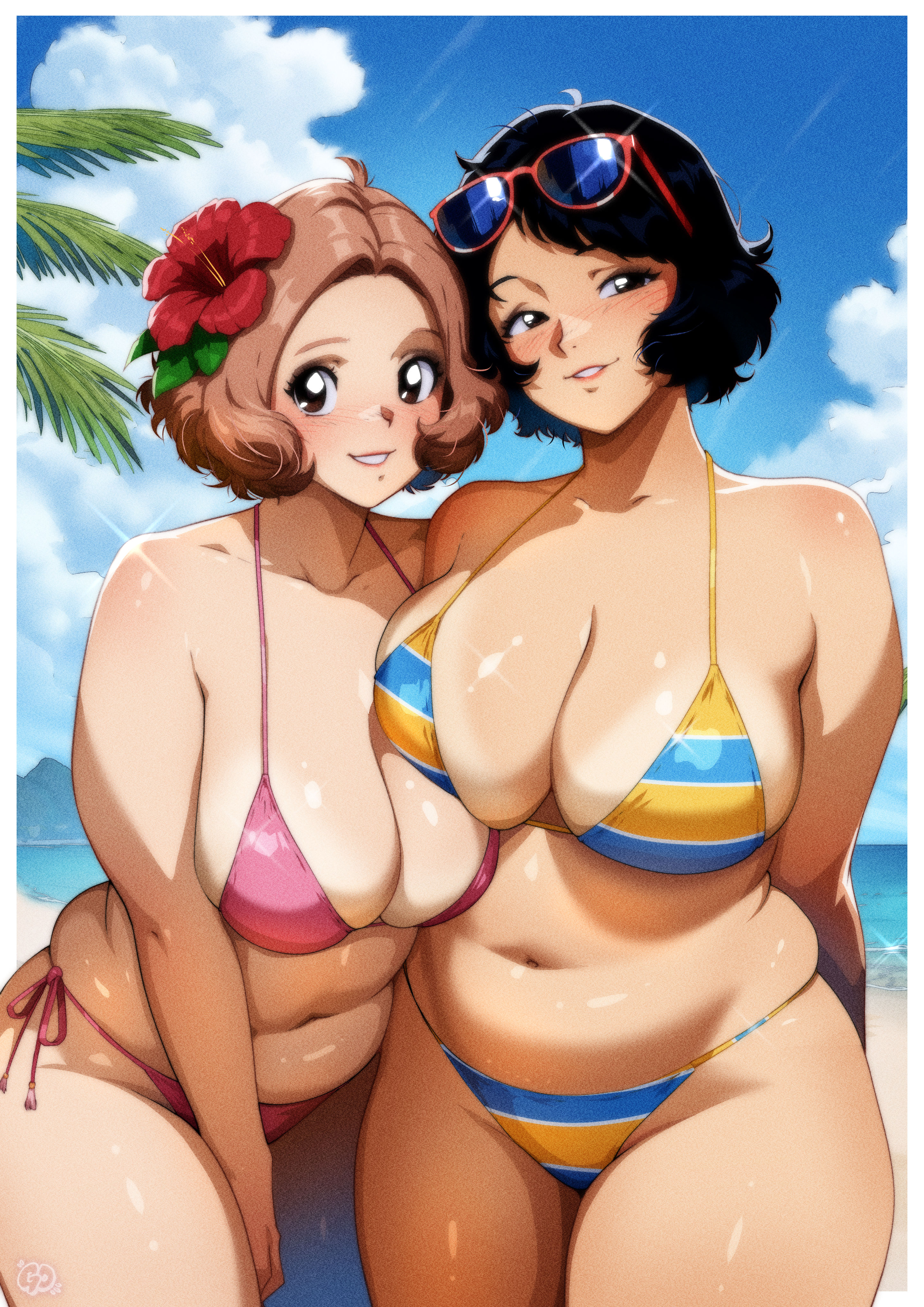 2girls, alternate version available, atlus, big breasts, bikini, bikini bottom, bikini top, black hair, bottomwear, breasts, brown eyes, brown hair, cleavage, female, female only, flower, flower in hair, gravydood, hair, hair ornament, haru okumura, headwear, huge breasts, large breasts, mature, mature female, mature woman, persona, persona 5, pink bikini, plump, sadayo kawakami, short hair, striped bikini, sunglasses, sunglasses on head, swimwear, thick thighs, thighs, topwear, voluptuous, voluptuous female, yellow bikini