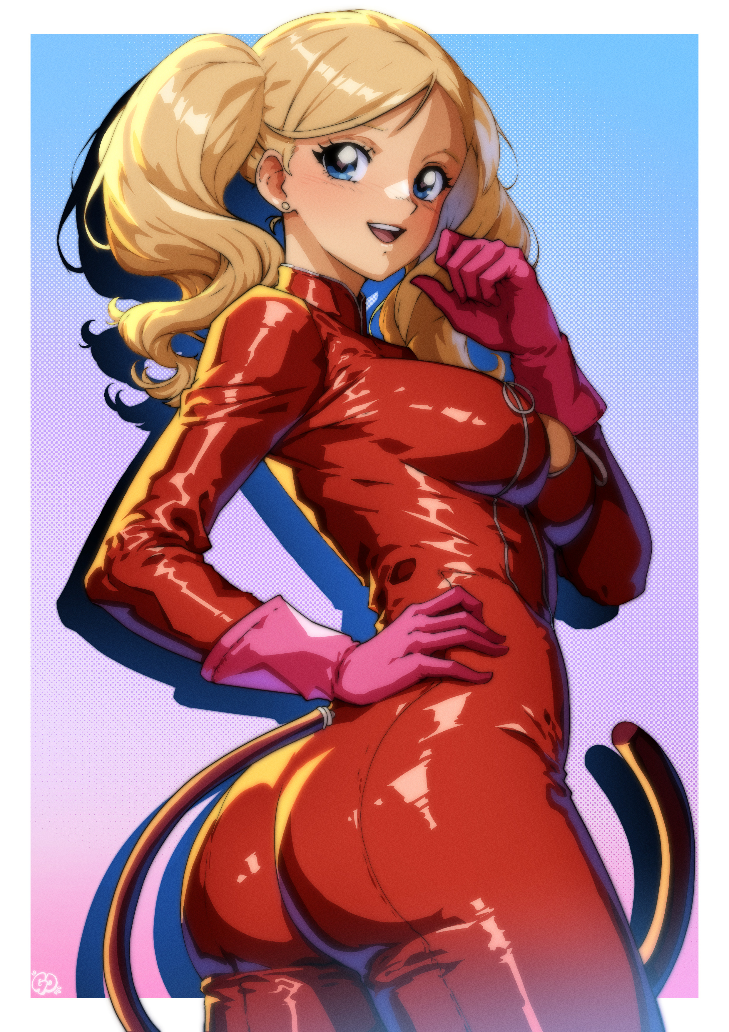 1girls, alternate version available, ann takamaki, ann takamaki (panther), ass, atlus, big ass, blonde hair, blue eyes, bodysuit, breasts, ear piercing, earrings, fake tail, female, female only, gravydood, hair, hand on hip, heart-shaped pupils, latex, latex clothing, latex suit, medium breasts, persona, persona 5, phantom thief suit, red bodysuit, smile, solo, solo female, tail, tight clothing