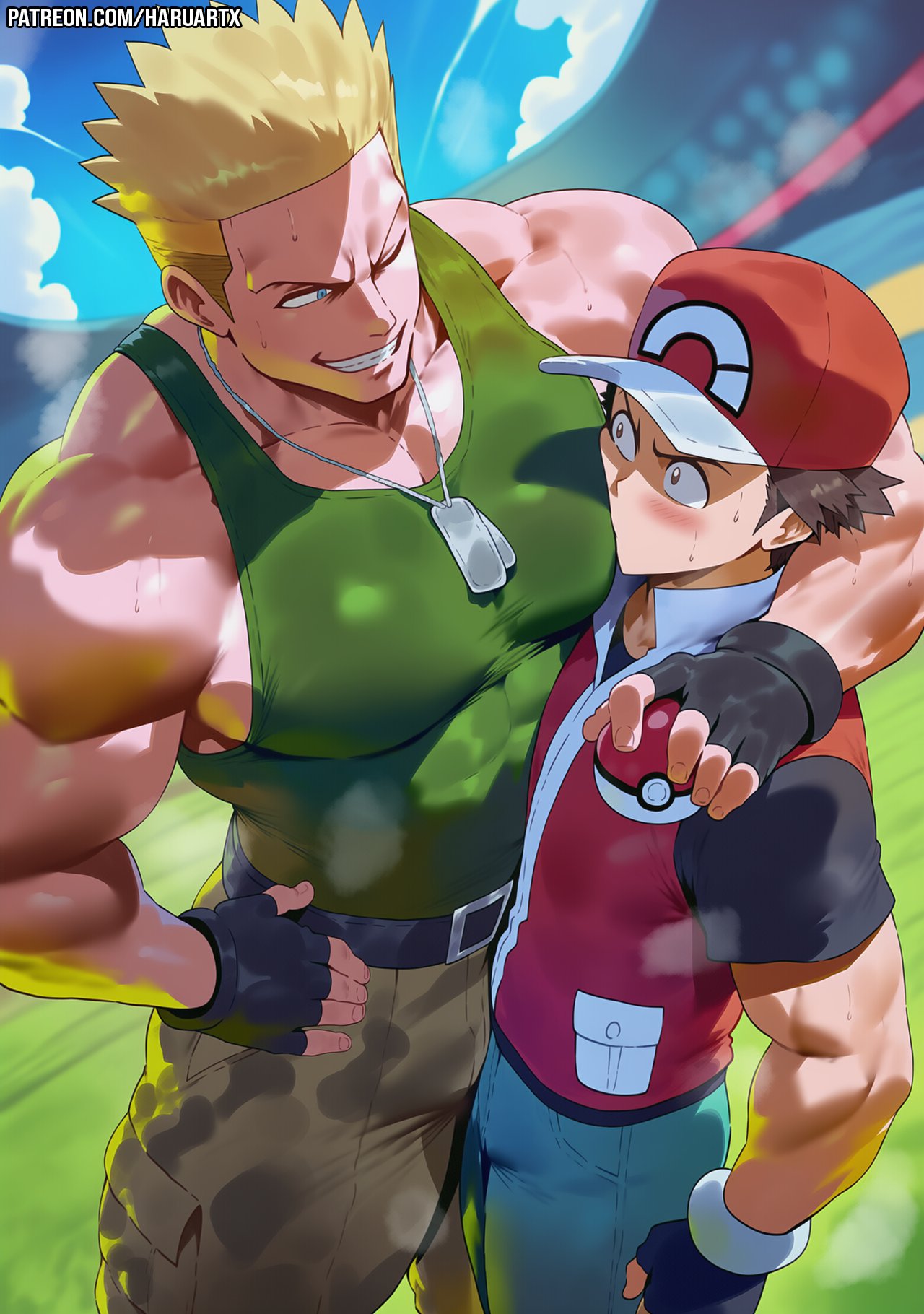 2boys, ai assisted, ai generated, big pecs, bigger male, black gloves, blonde hair, blue eyes, blush, brown hair, cap, clothed, clothing, fingerless gloves, fully clothed, gay, gloves, green tank top, haruartx, large pectorals, lt surge, male, male focus, male only, muscular, muscular male, necklace, one eye closed, pecs, pokeball, pokemon, red (pokemon), short male, shorter male, size difference, smaller male, standing, sweat, sweating, tank top, yaoi