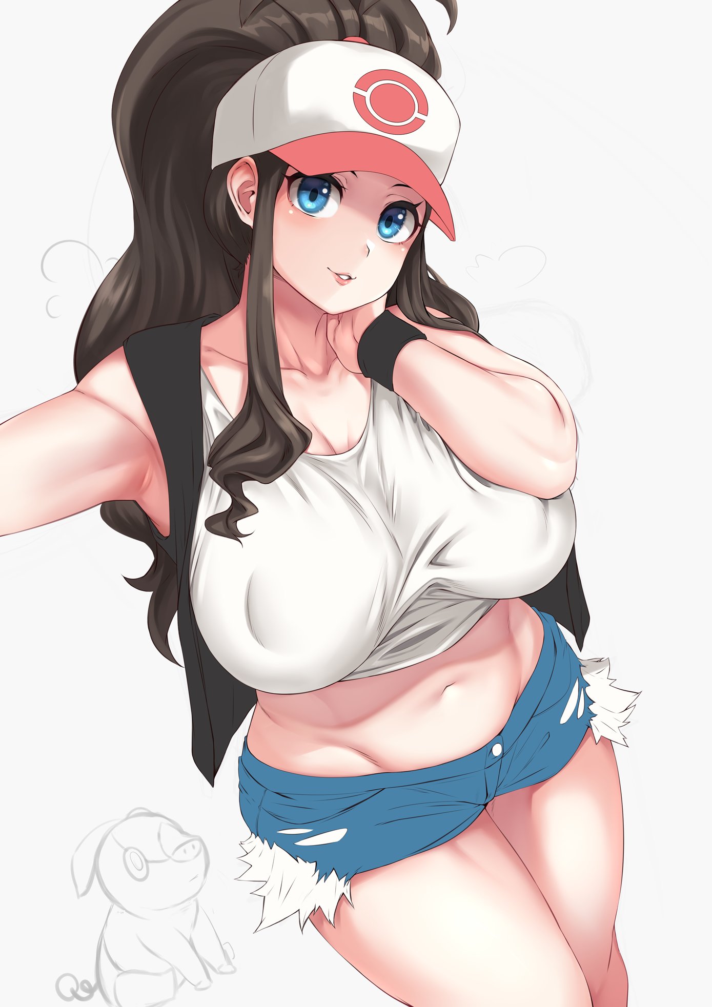 1girls, big breasts, breasts, cleavage, female, female only, hat, hilda (pokemon), human, large breasts, moisture (chichi), nintendo, nipple bulge, pokemon, pokemon bw, ponytail, shorts, solo, tank top