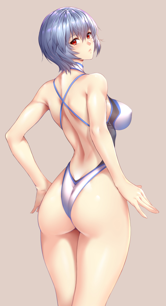 ass, blue hair, breasts, female, hands on hips, looking at viewer, looking back, medium breasts, neon genesis evangelion, nipple bulge, one-piece swimsuit, red eyes, rei ayanami, short hair, swimsuit, thick thighs, toned, zucchini