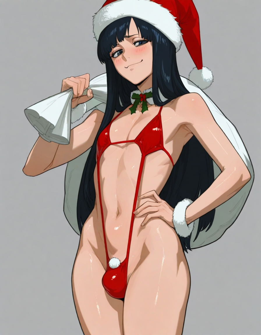 1boy, ai generated, bleach, bleach: the thousand-year blood war, blush, bulge, christmas, christmas bikini, christmas clothing, christmas hat, christmas outfit, femboy, giselle gewelle, light-skinned male, looking away, male, male only, mostly nude, penis, sack, santa bikini, santa hat, shiny skin, sling bikini, slingshot bikini, slingshot swimsuit, smile, solo