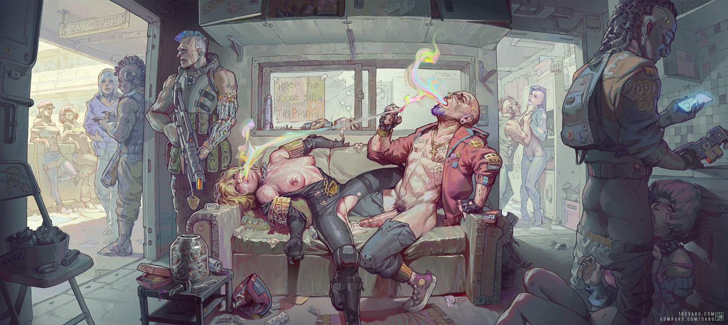 5boys, 6girls, after rape, after sex, areolae, bald, blonde, blonde hair, blowjob, breasts, cassandra anderson, cum, cum in pussy, cum inside, cyberpunk, detailed background, drugged, english, english text, erection, exposed breasts, fellatio, female, gangbang, gun, judge anderson, judge dredd (franchise), male, male/female, nipples, oral, oral sex, orgy, penis, pubic hair, pussy, rape, sabudenego, smoking, straight, sucking, sucking penis, torn clothes, weapon