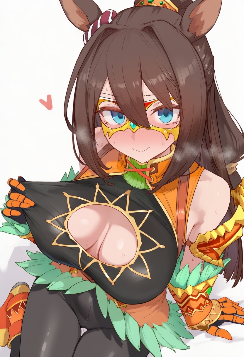 ai generated, animal ears, artist request, blue eyes, brown hair, el condor pasa (kukulkan warrior) (umamusume), el condor pasa (umamusume), female, horse girl, long hair, mask, masked, pulling clothing, umamusume, umamusume pretty derby